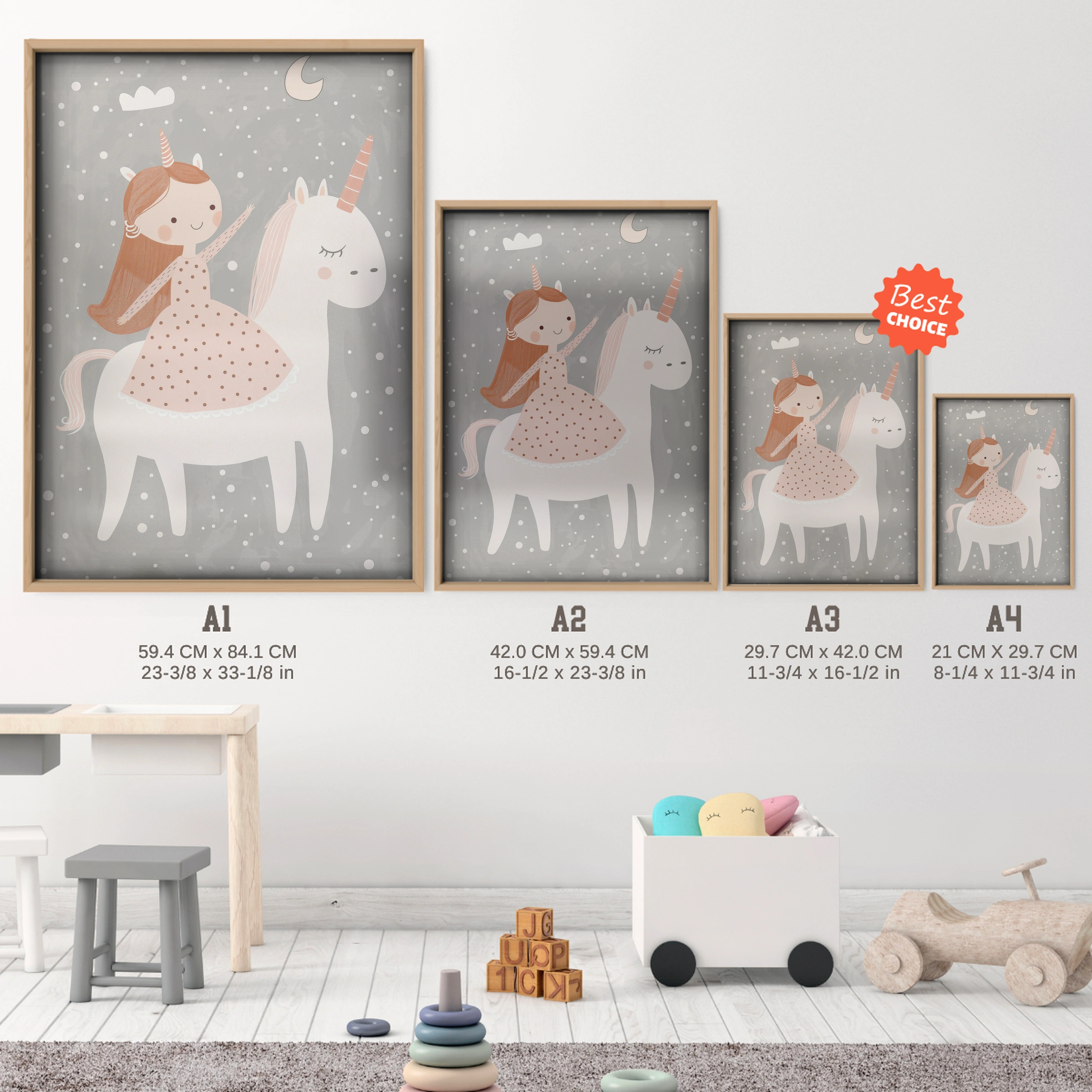 Unicorn Rider Nursery Print - size guide A4 A3 A2 A1 nursery print
