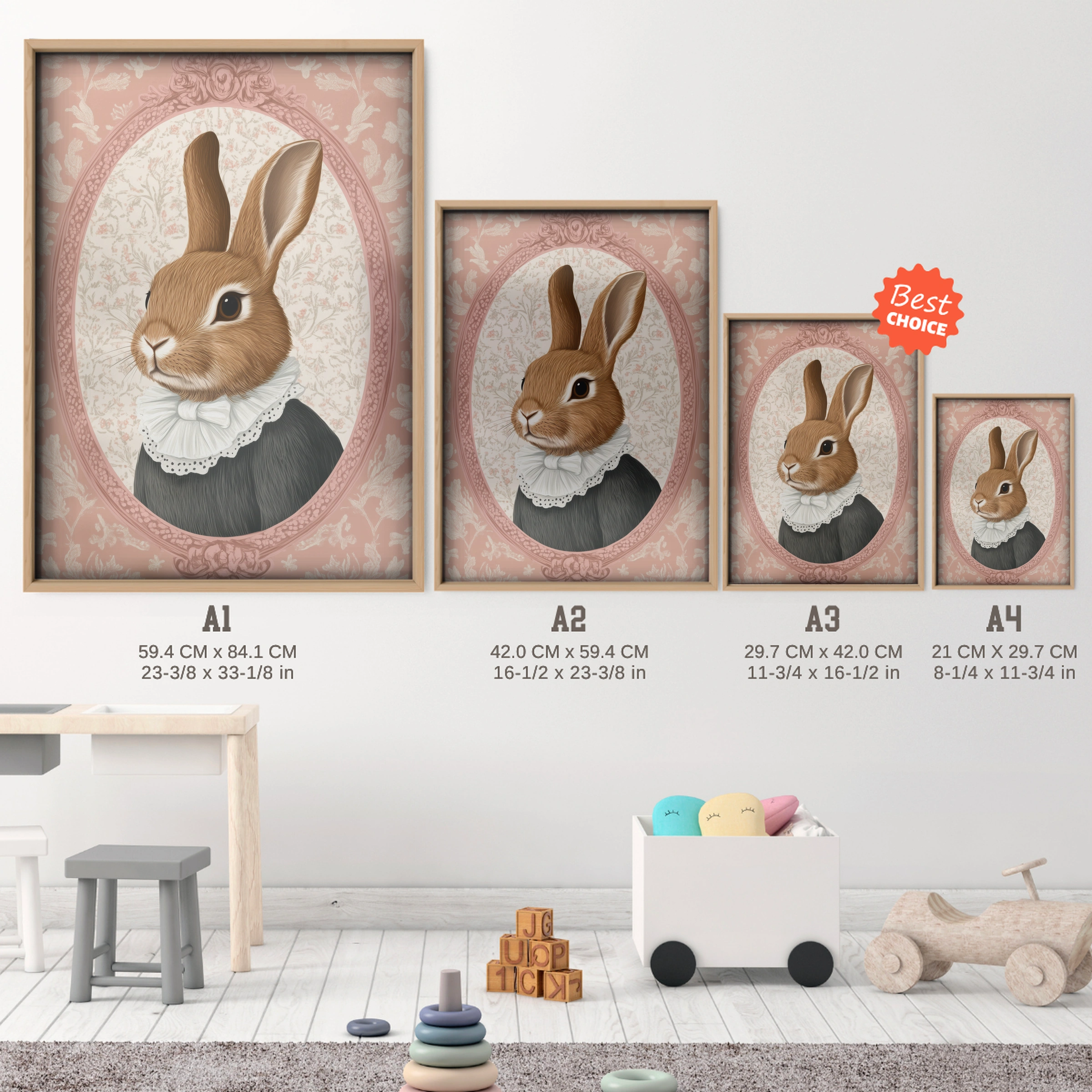 Victorian Rabbit Portrait Nursery Print - size guide A4 A3 A2 A1 nursery print