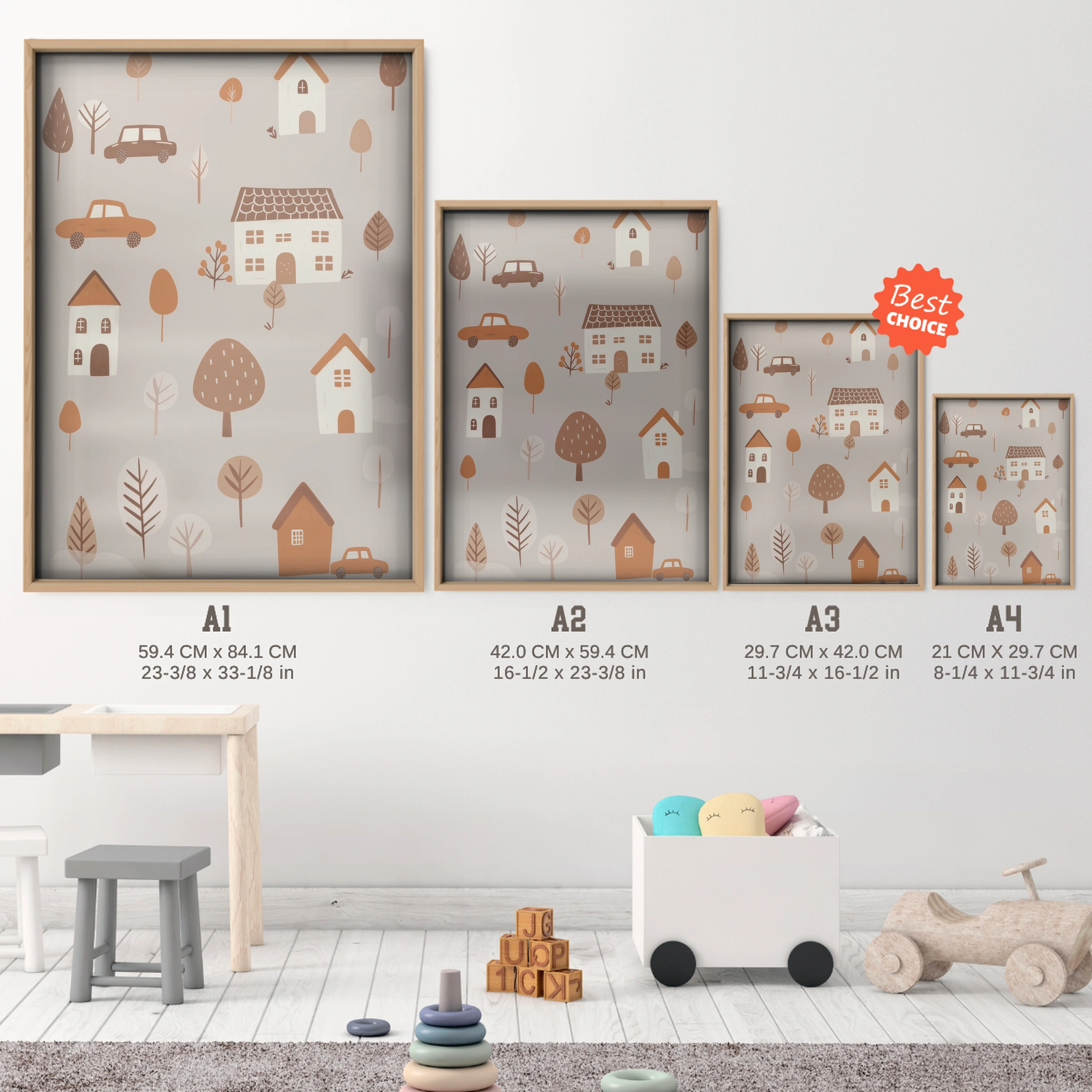 Village and Cars Nursery Print - size guide A4 A3 A2 A1 nursery print