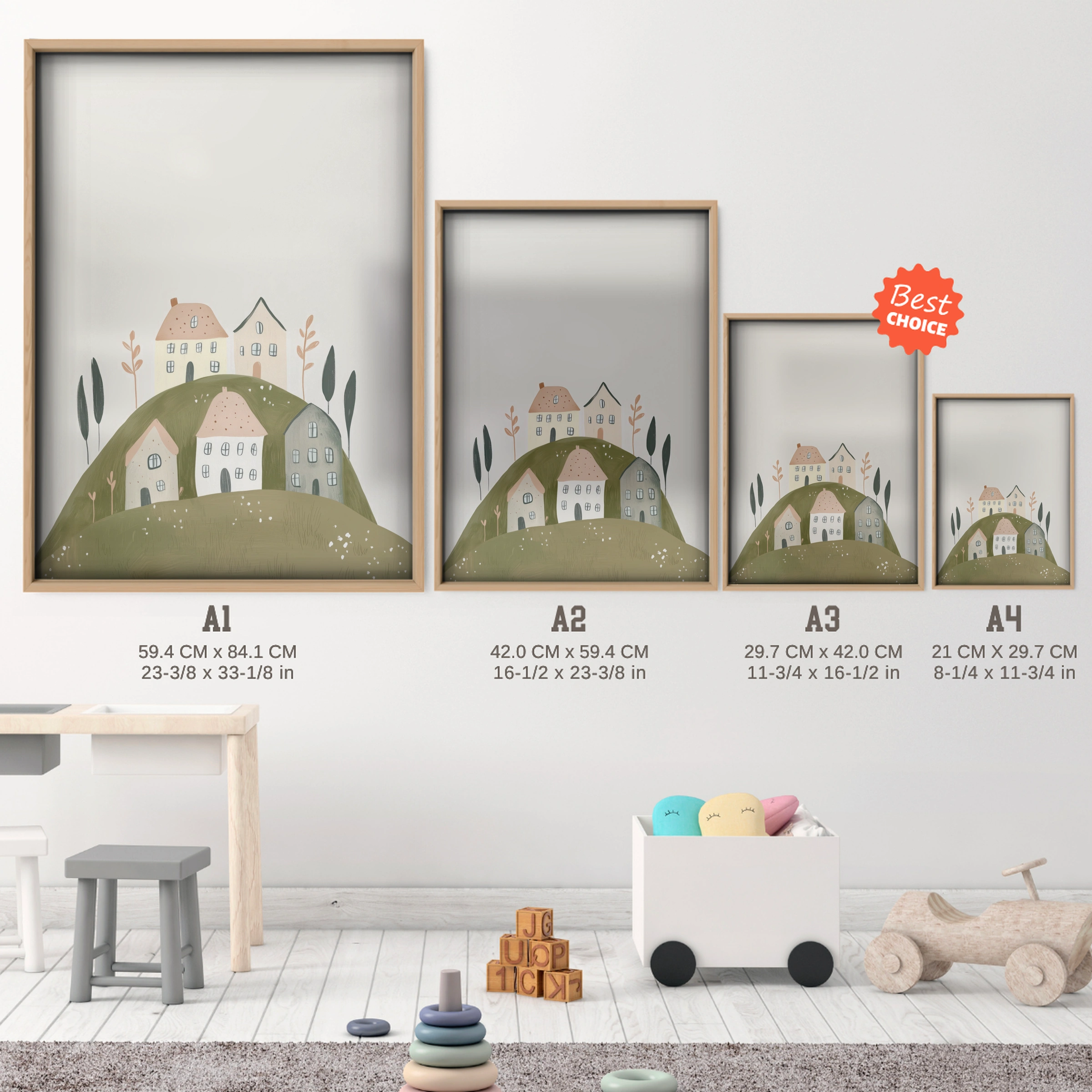 Village on the Hill Nursery Print - size guide A4 A3 A2 A1 nursery print