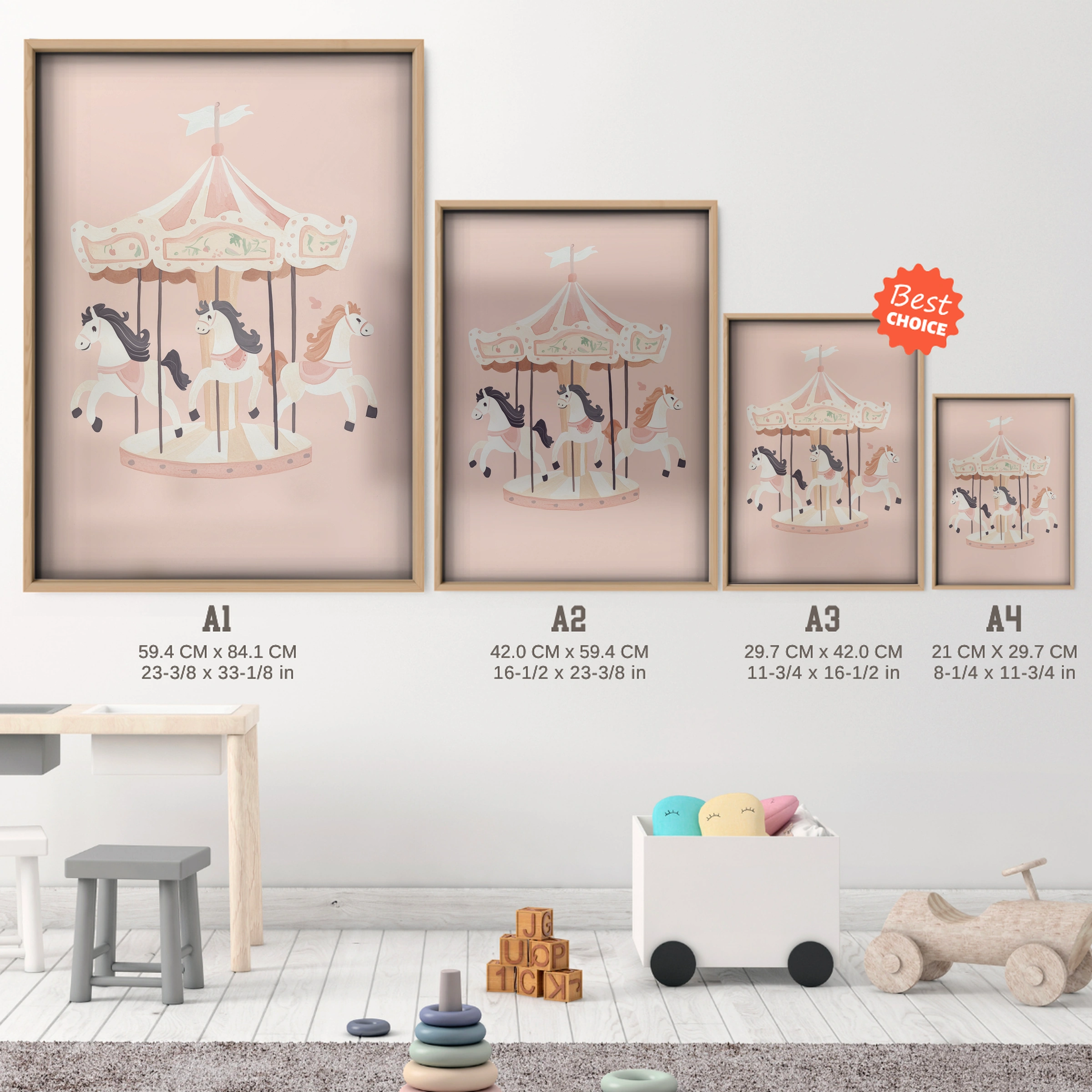 Vintage Carousel Nursery Print - size guide A4 A3 A2 A1 nursery print