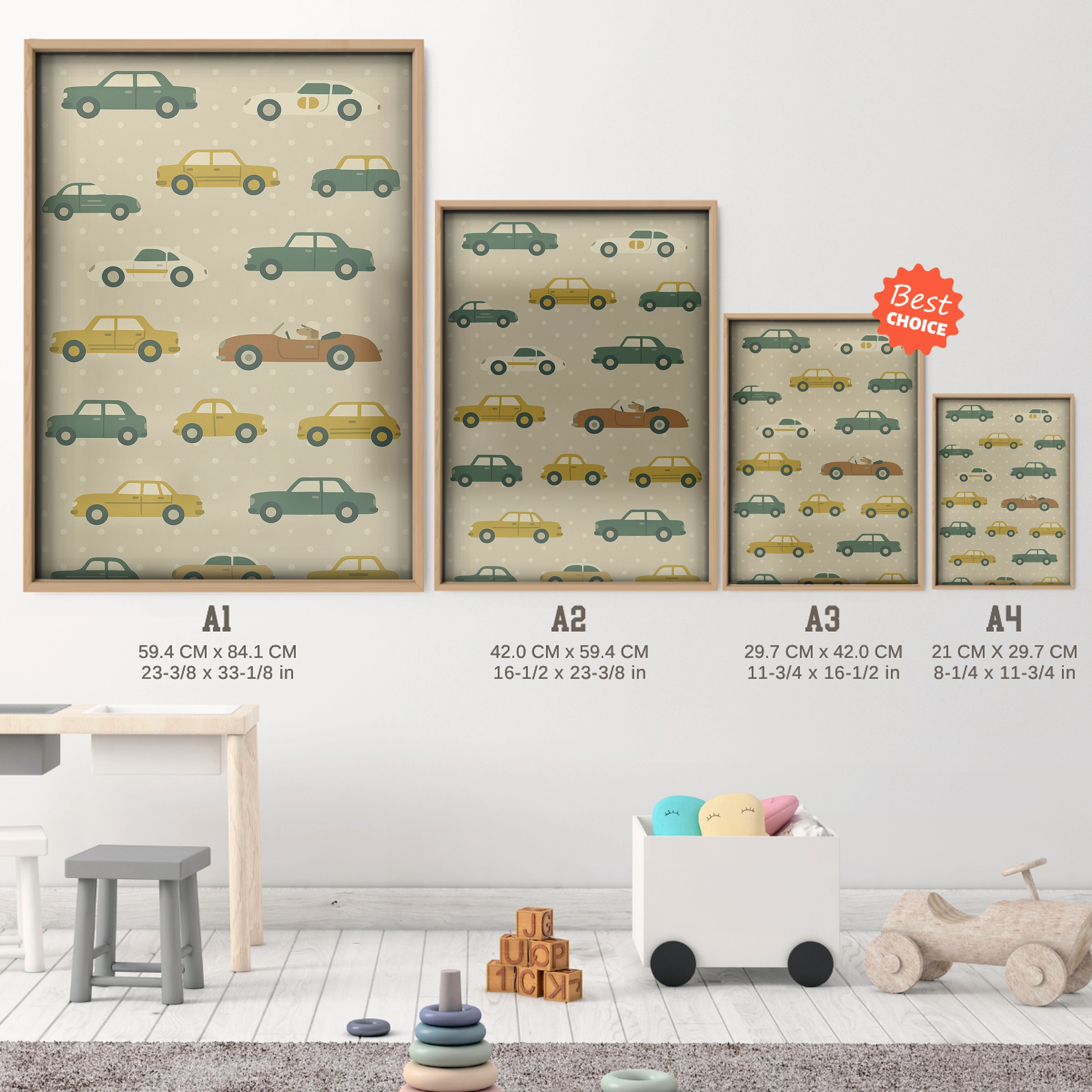 Vintage Cars Pattern Nursery Print - size guide A4 A3 A2 A1 nursery print