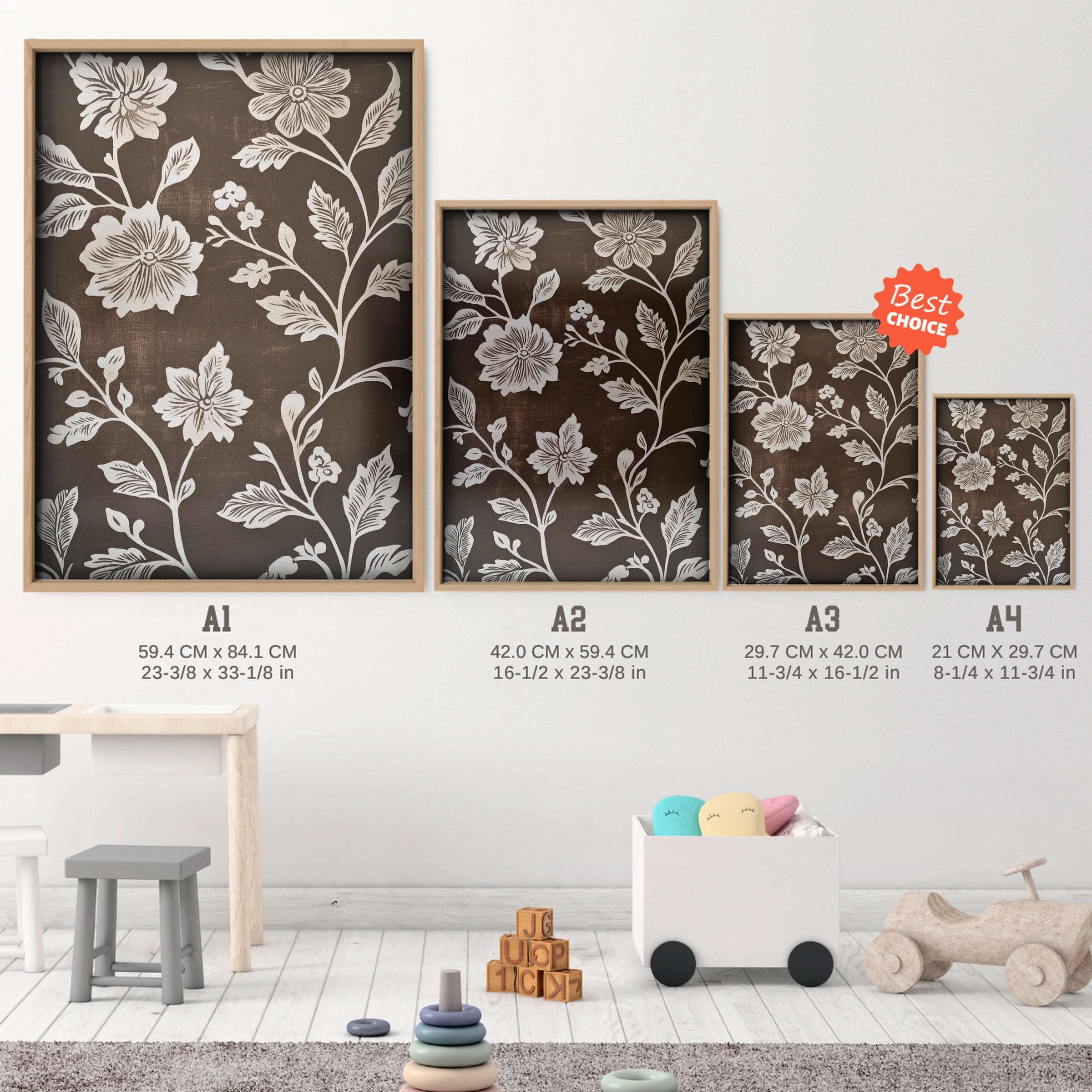 Vintage Dark Floral Nursery Print - size guide A4 A3 A2 A1 nursery print