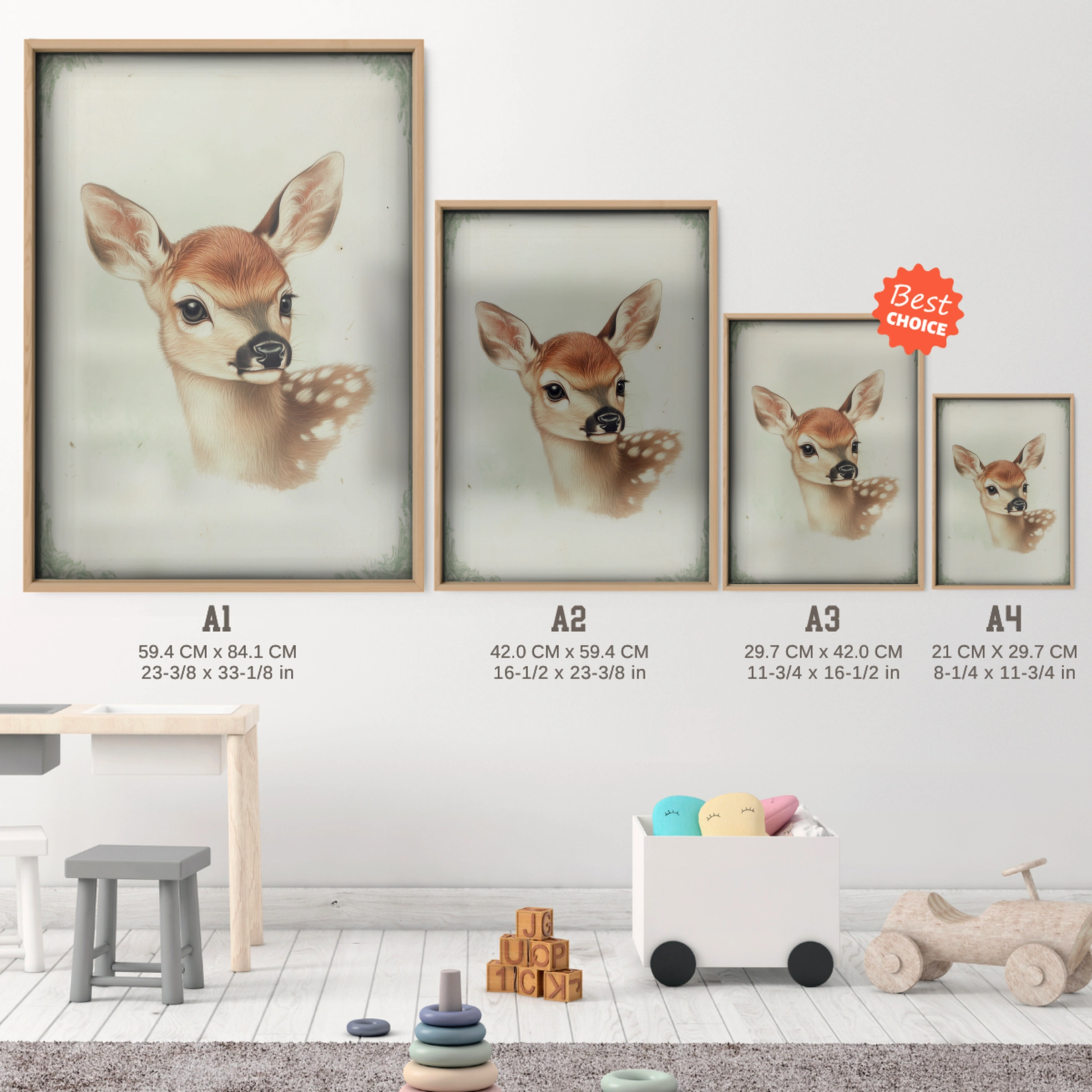 Vintage Fawn Nursery Print - size guide A4 A3 A2 A1 nursery print