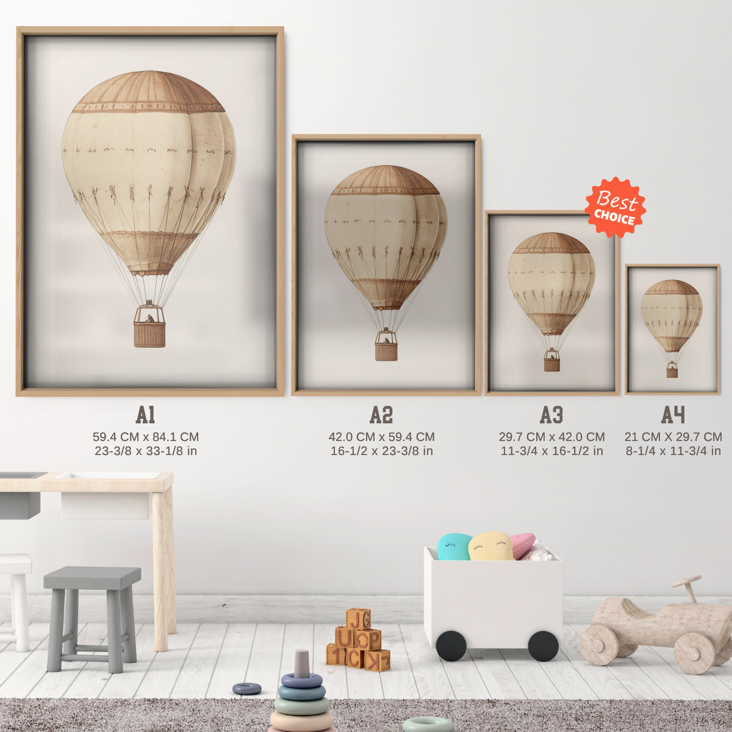 Vintage Hot Air Balloon Nursery Print - size guide A4 A3 A2 A1 nursery print