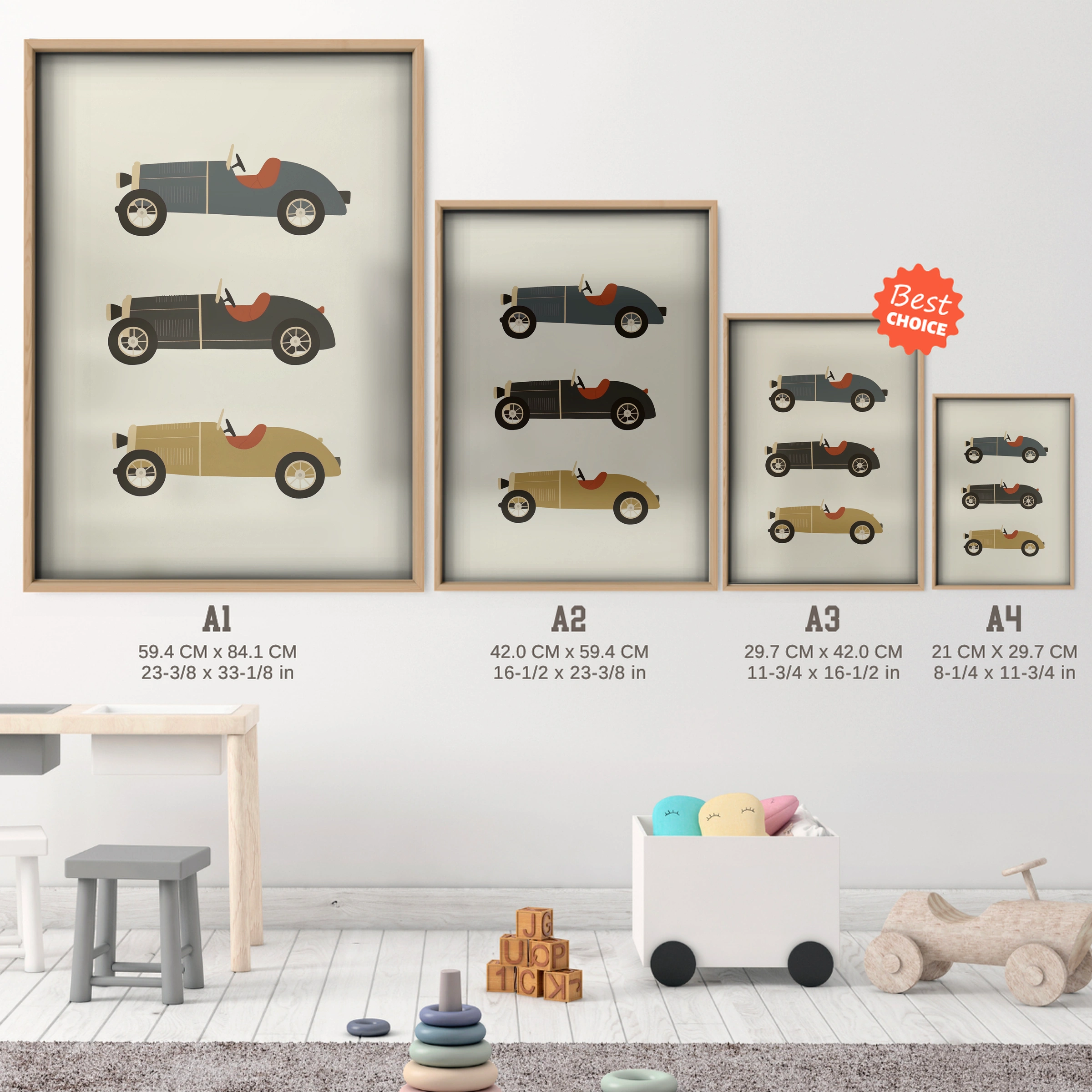 Vintage Motor Cars Nursery Print - size guide A4 A3 A2 A1 nursery print