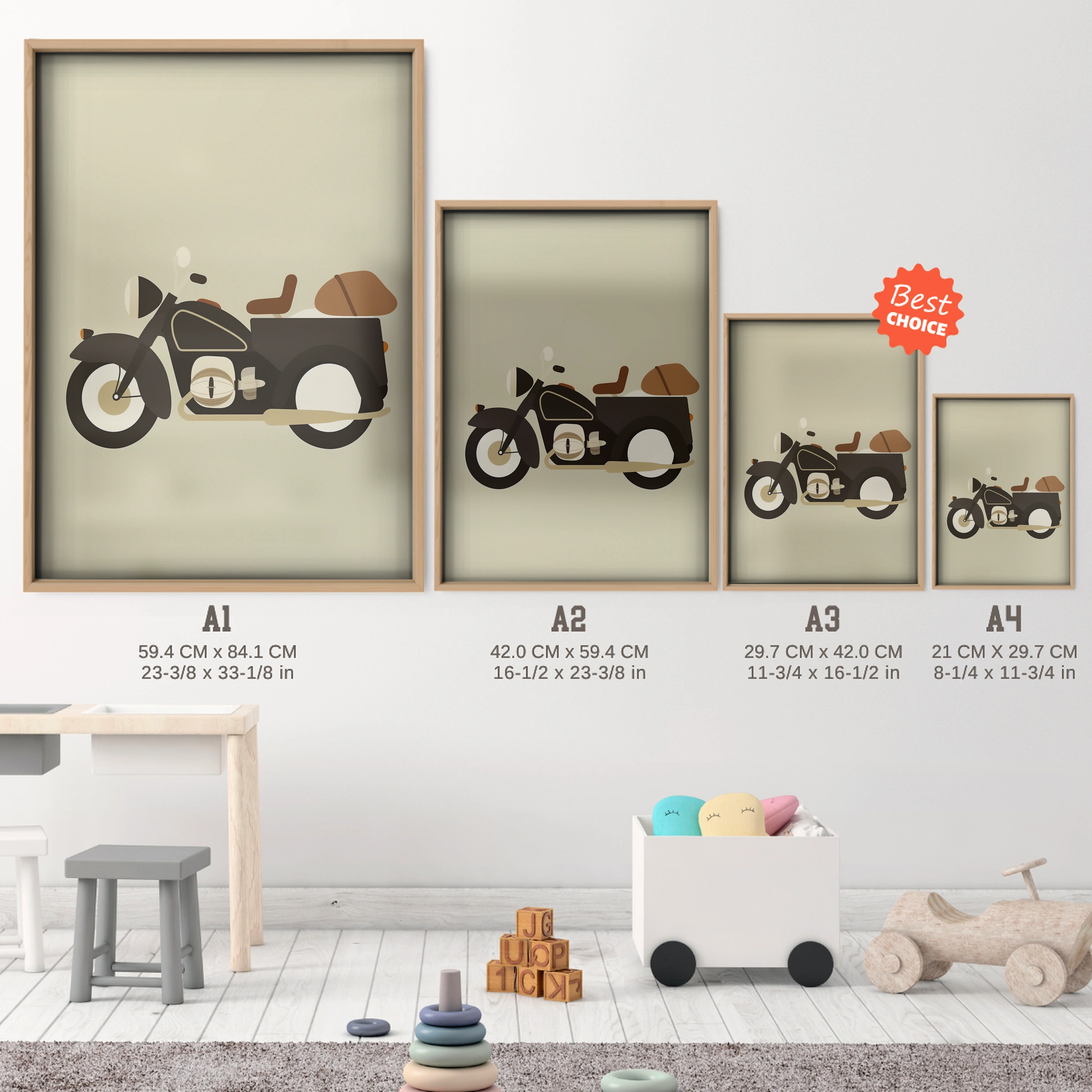 Vintage Motorcycle Nursery Print - size guide A4 A3 A2 A1 nursery print