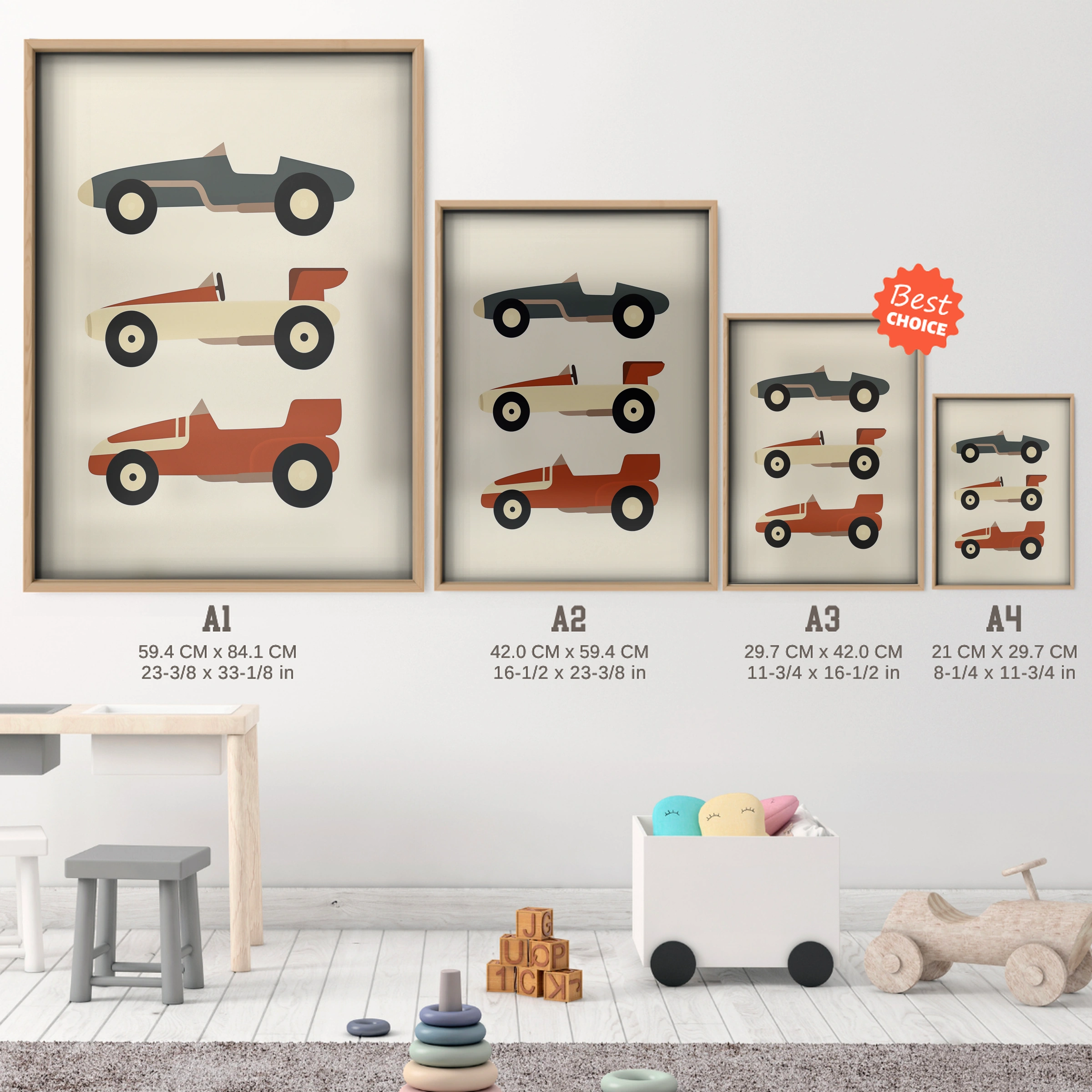 Vintage Race Cars Nursery Print - size guide A4 A3 A2 A1 nursery print