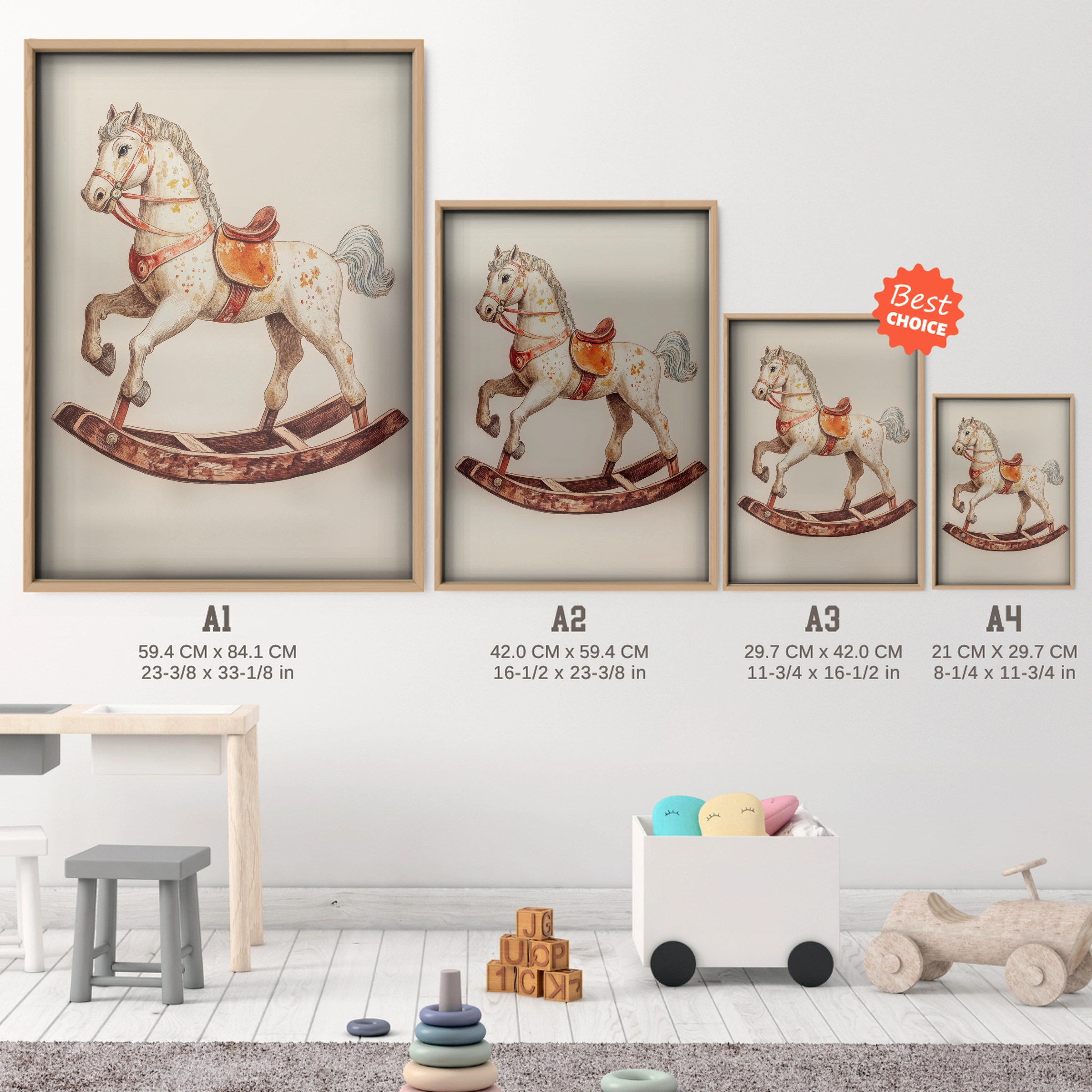 Vintage Rocking Horse Nursery Print - size guide A4 A3 A2 A1 nursery print