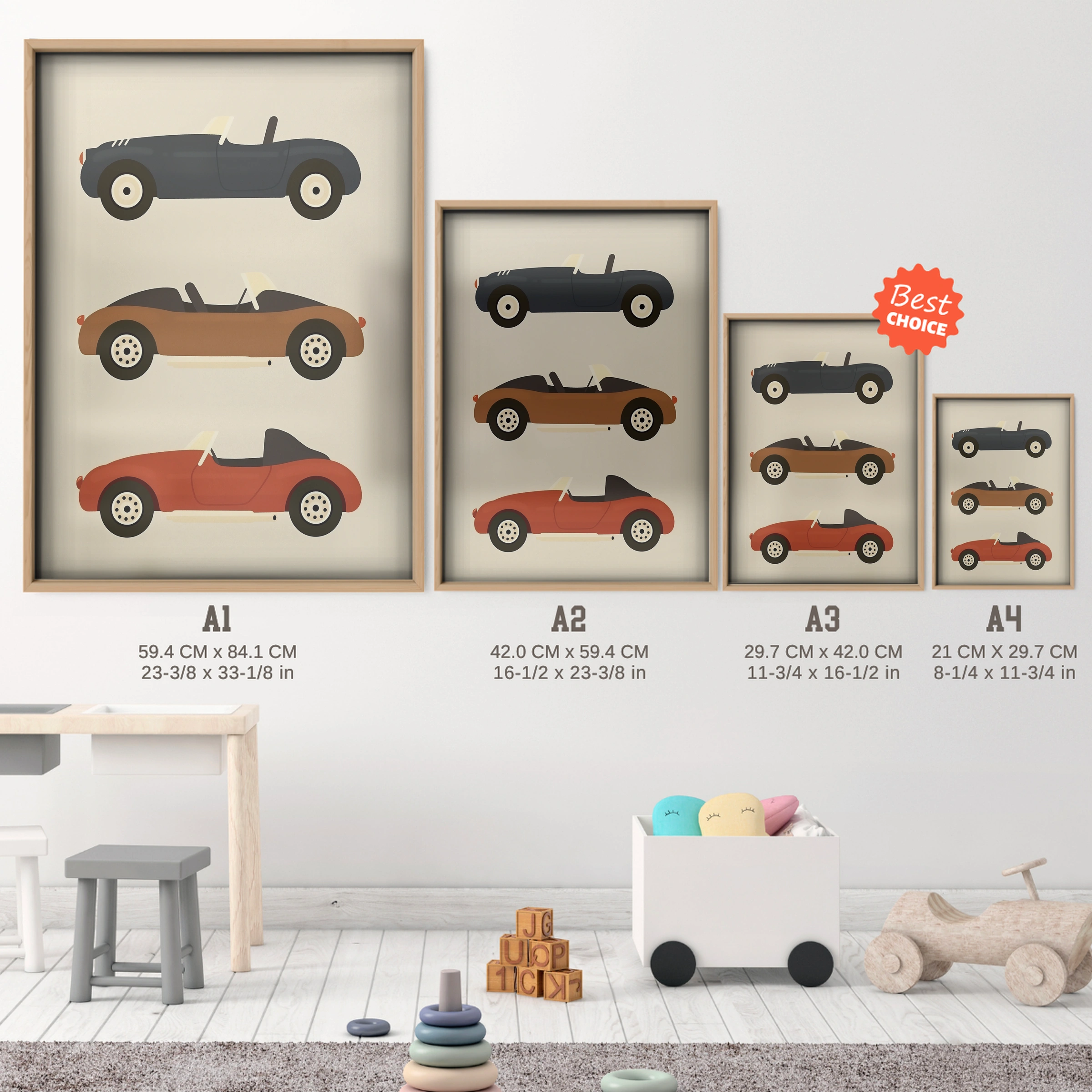 Vintage Sports Cars Nursery Print - size guide A4 A3 A2 A1 nursery print