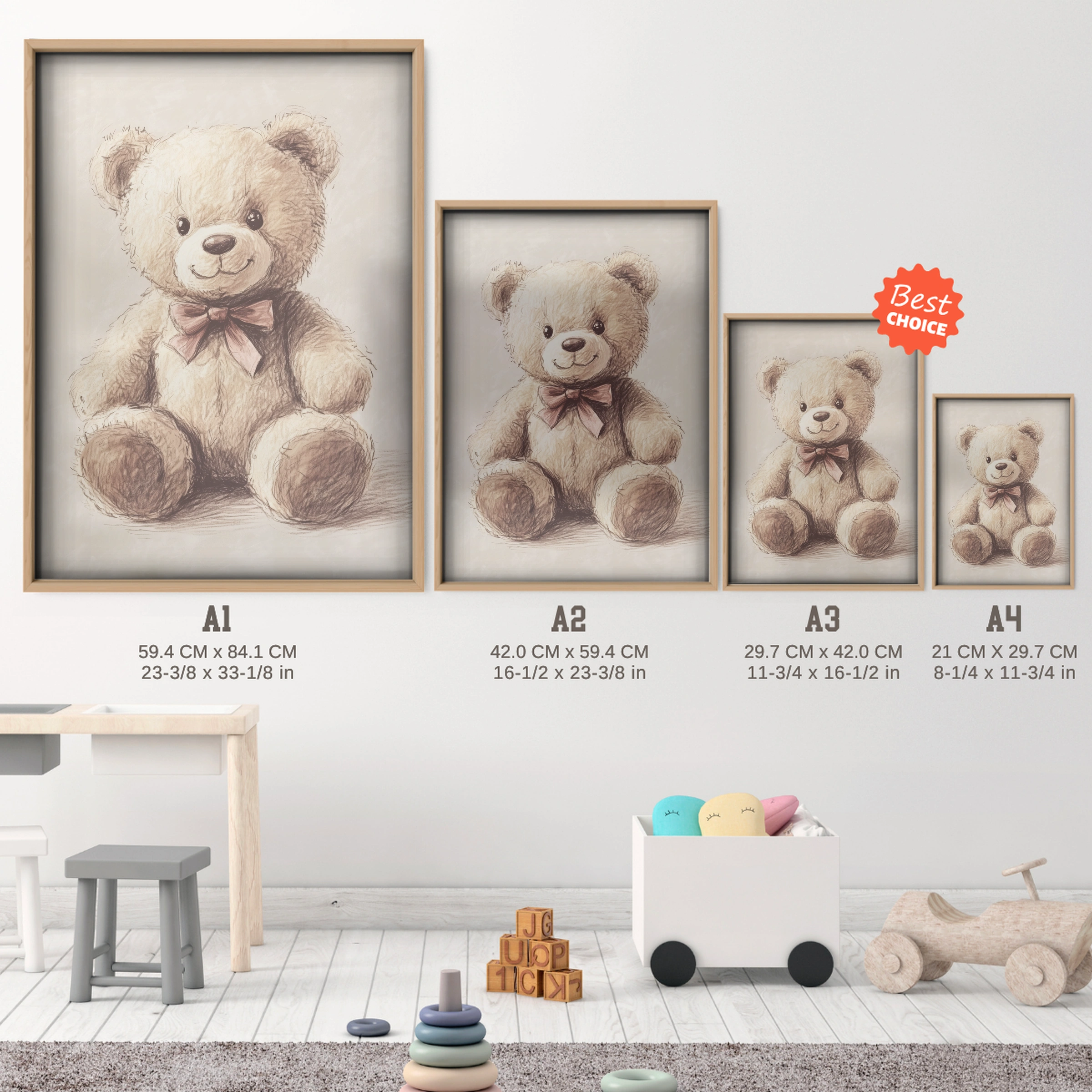 Vintage Teddy Bear Nursery Print - size guide A4 A3 A2 A1 nursery print