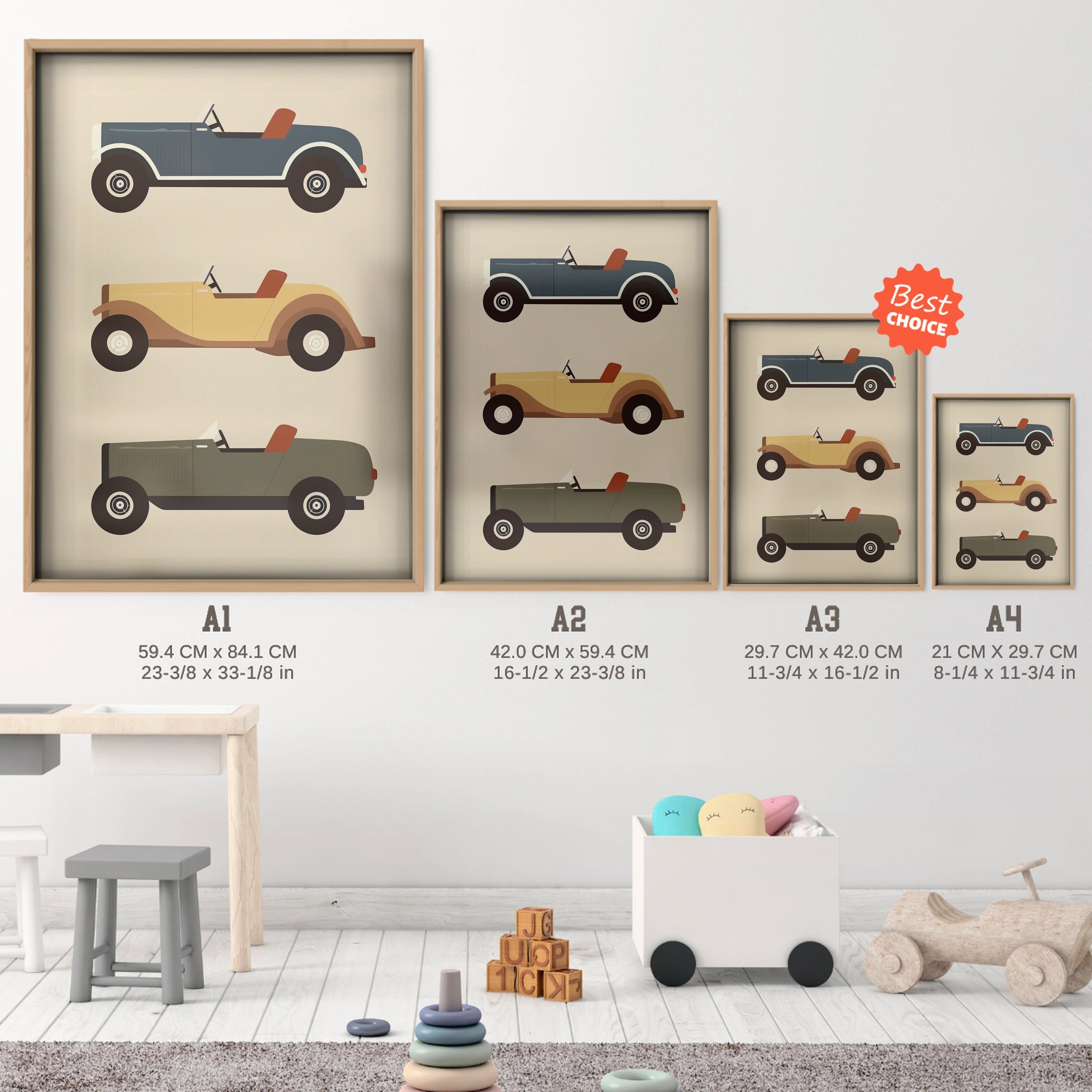 Vintage Touring Cars Nursery Print - size guide A4 A3 A2 A1 nursery print