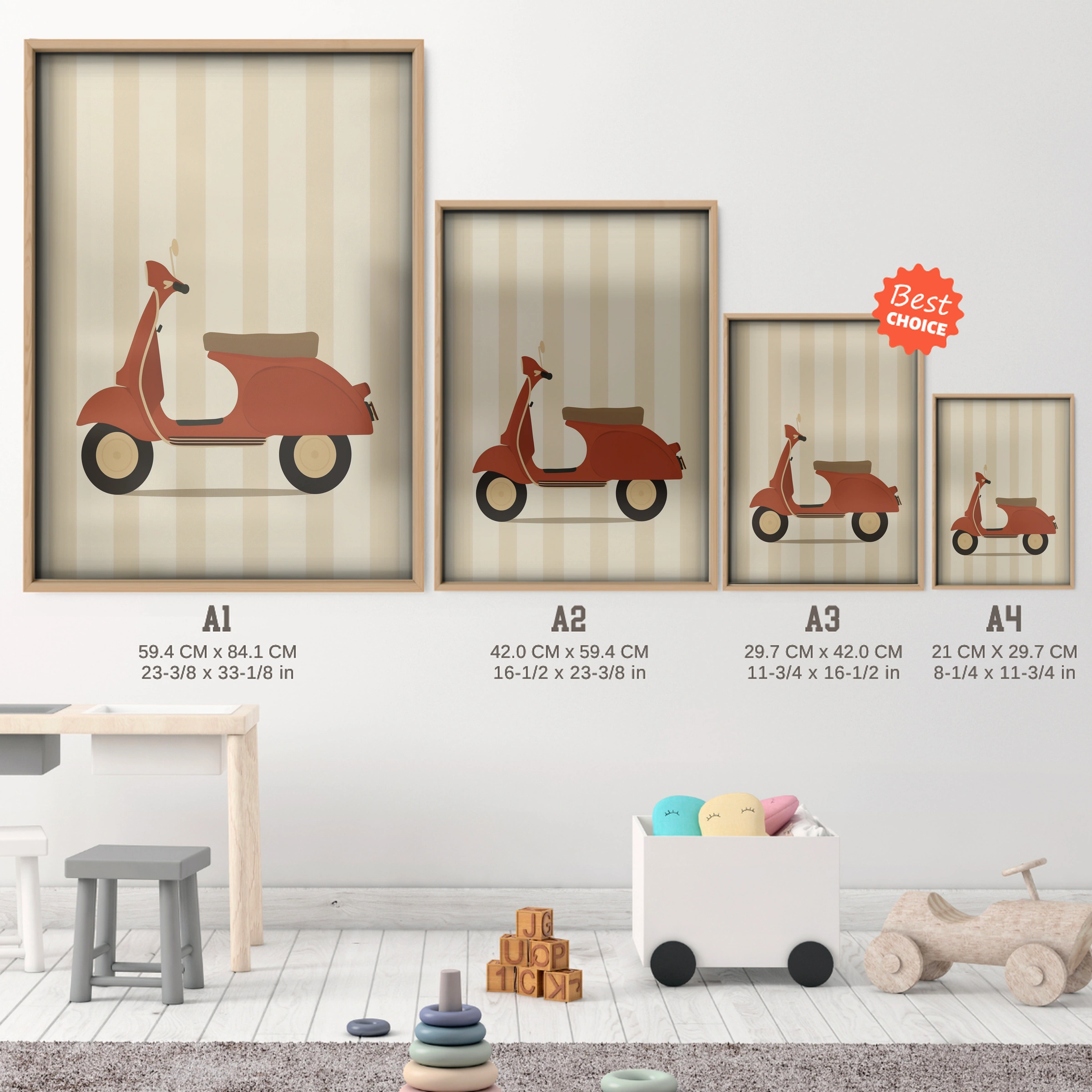Vintage Vespa Nursery Print - size guide A4 A3 A2 A1 nursery print