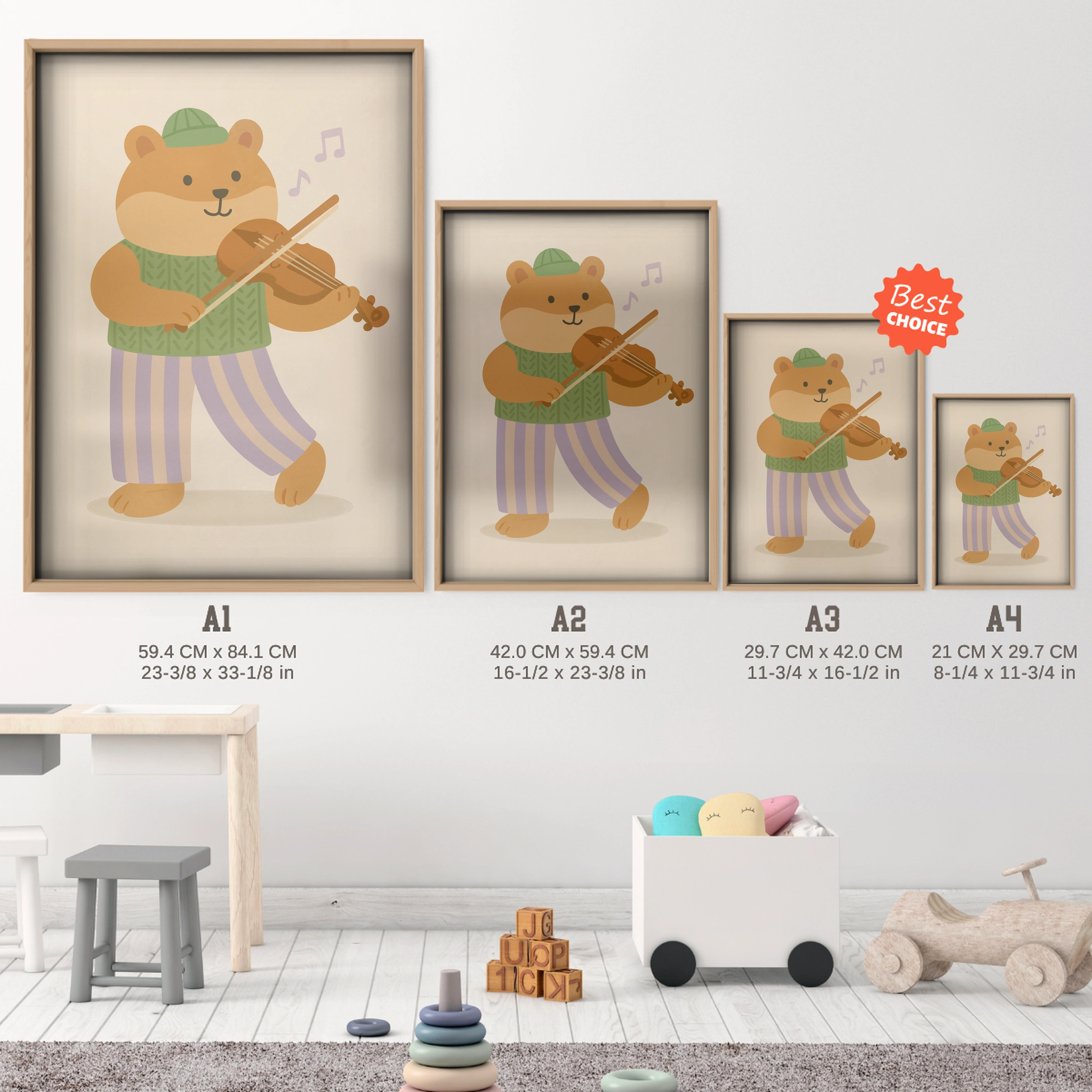Violin Bear Nursery Print - size guide A4 A3 A2 A1 nursery print