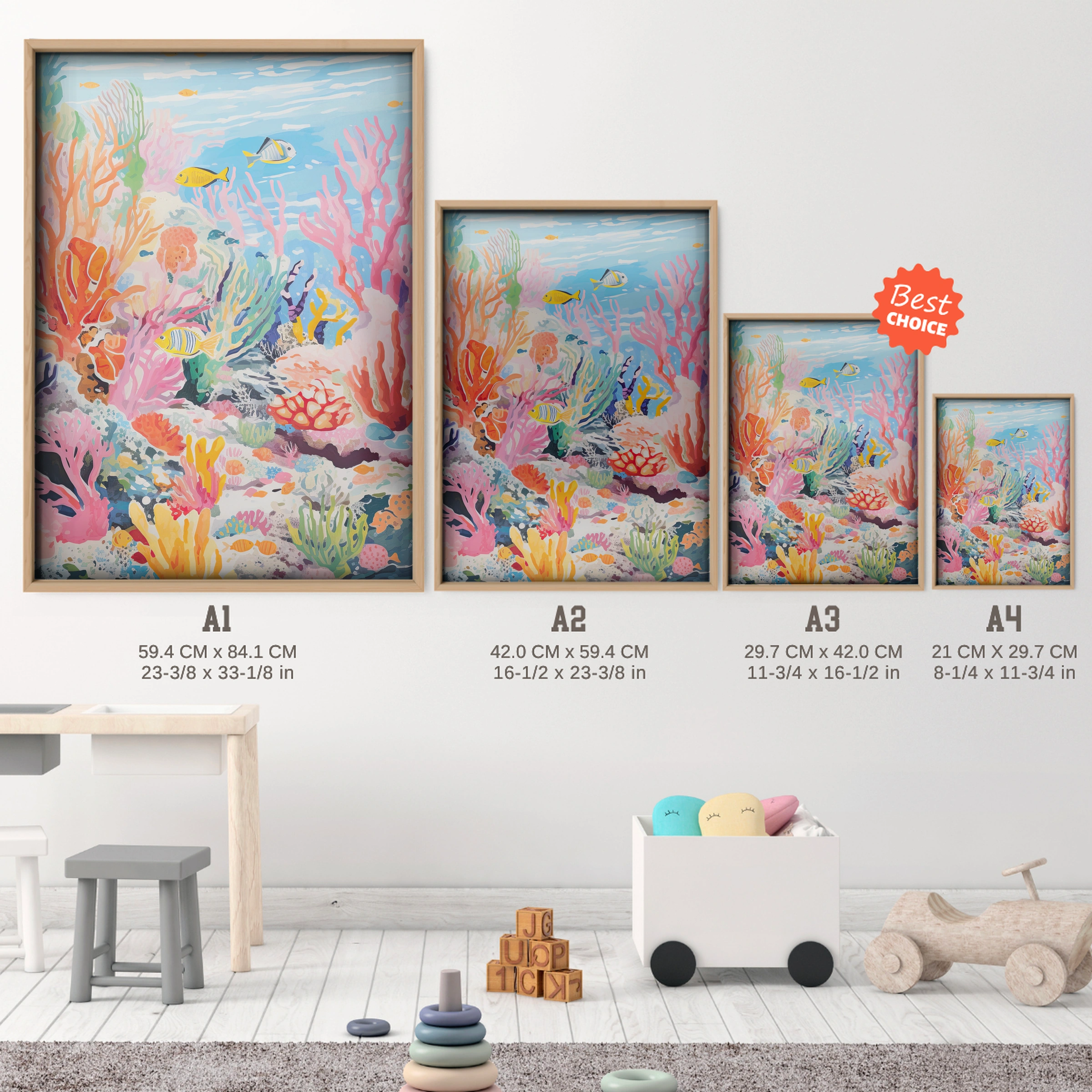Vivid Coral Reef Nursery Print - size guide A4 A3 A2 A1 nursery print