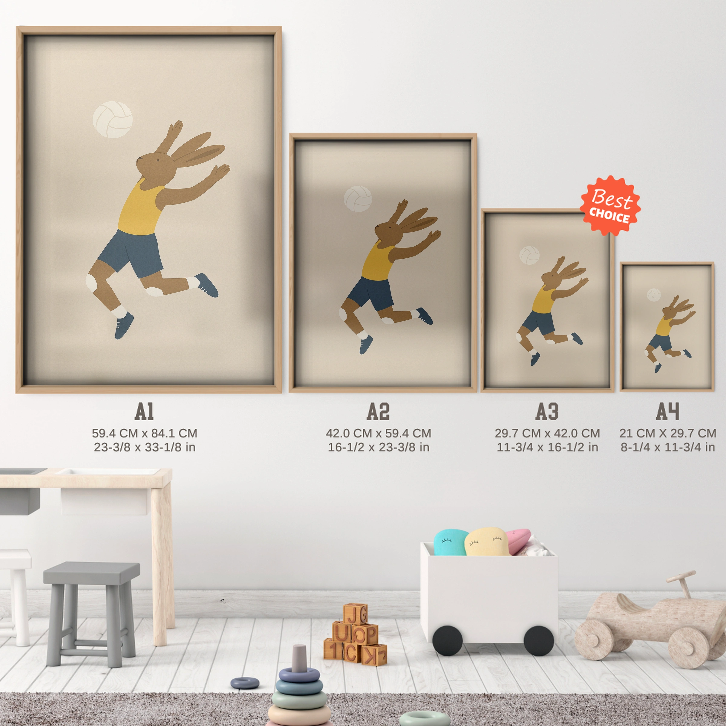 Volleyball Rabbit Nursery Print - size guide A4 A3 A2 A1 nursery print