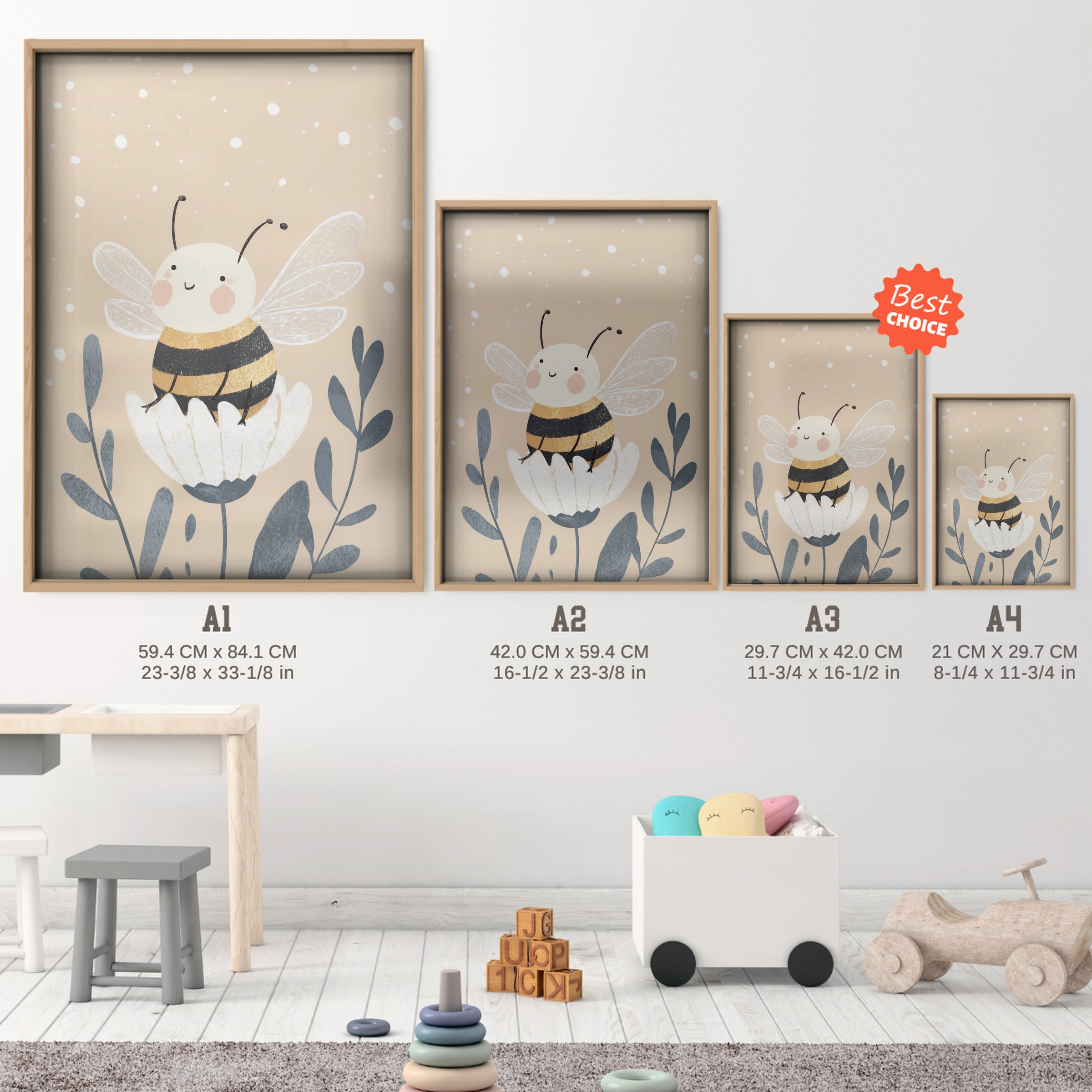 Watercolor Bumblebee Nursery Print - size guide A4 A3 A2 A1 nursery print