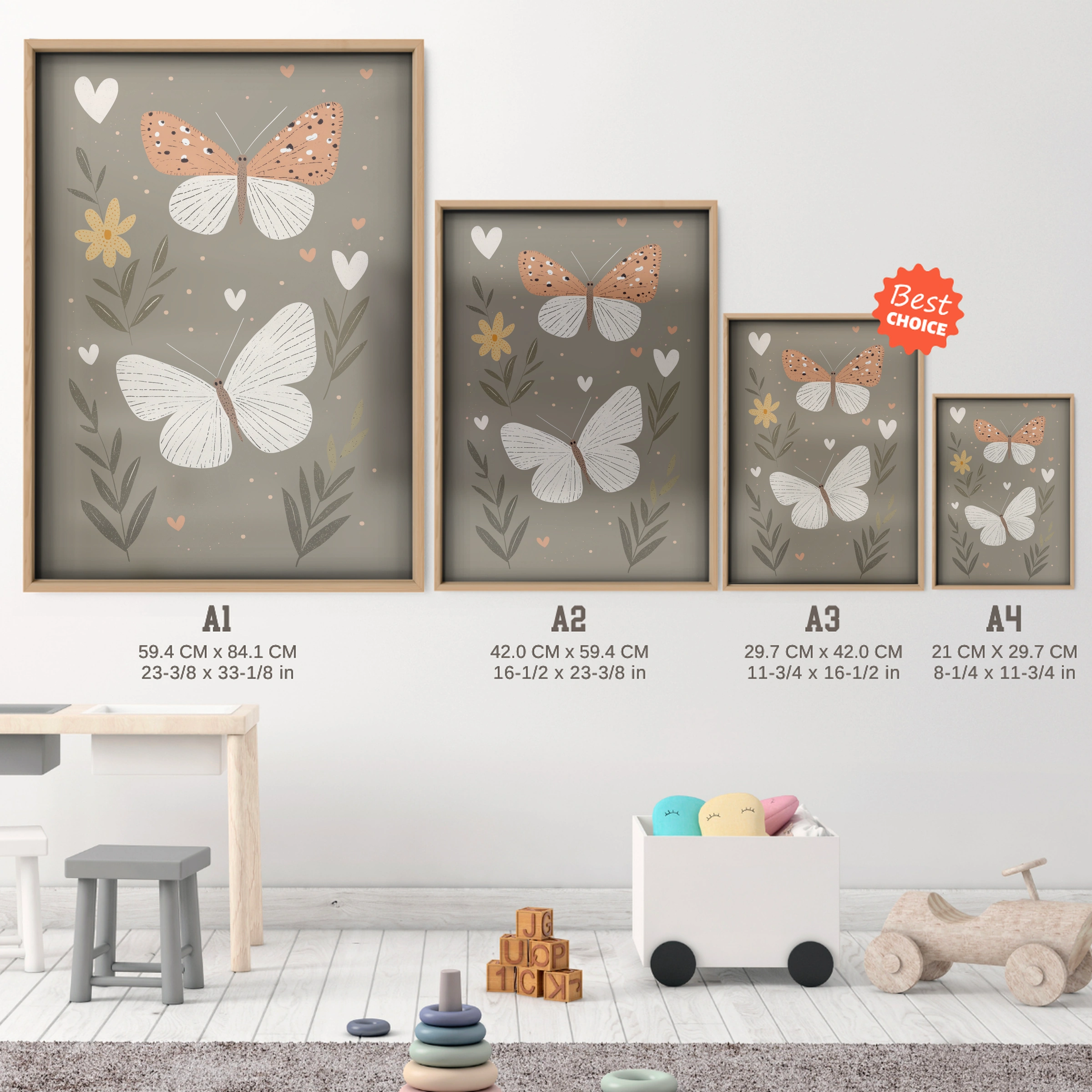 Watercolor Butterflies Nursery Print - size guide A4 A3 A2 A1 nursery print