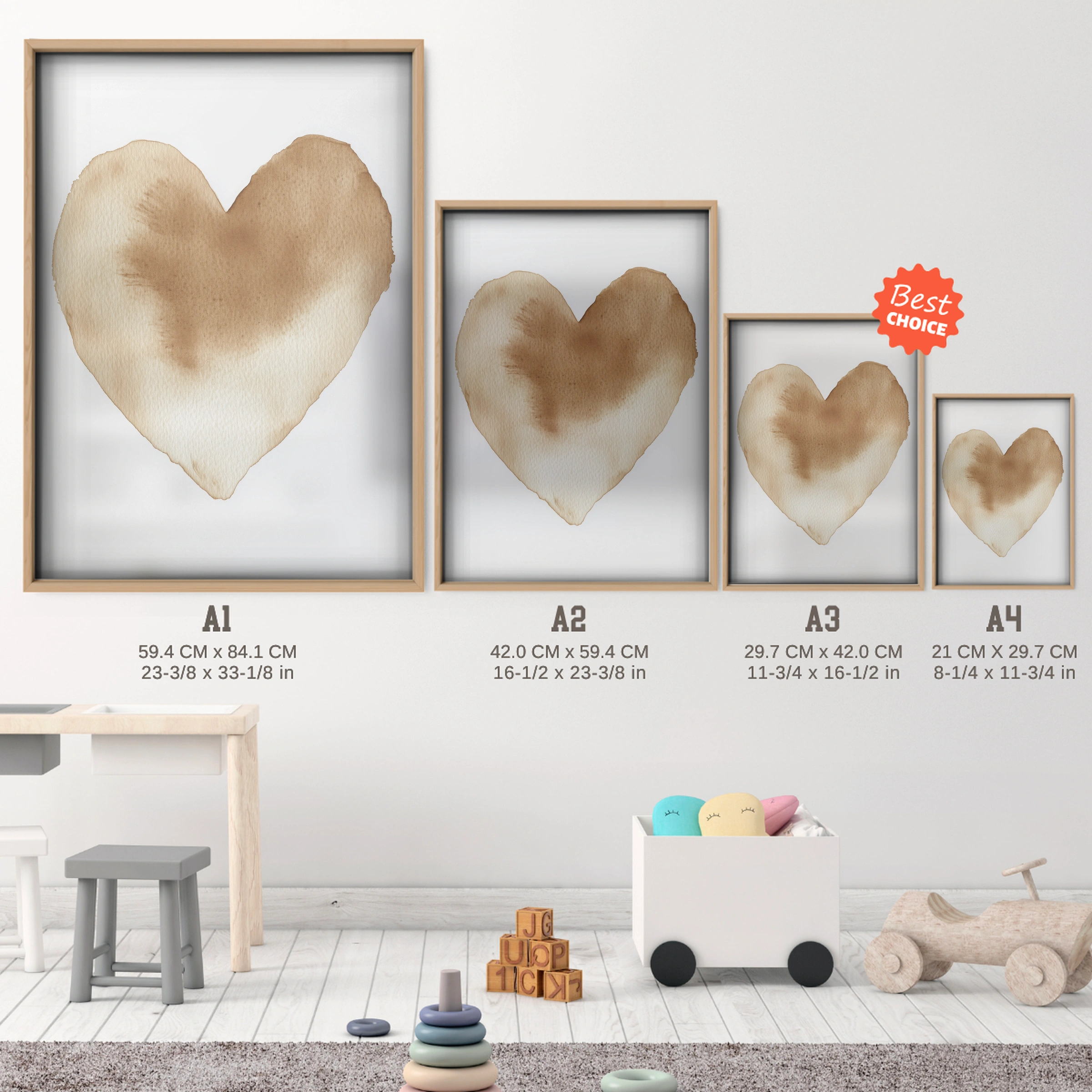Watercolor Heart Nursery Print - size guide A4 A3 A2 A1 nursery print