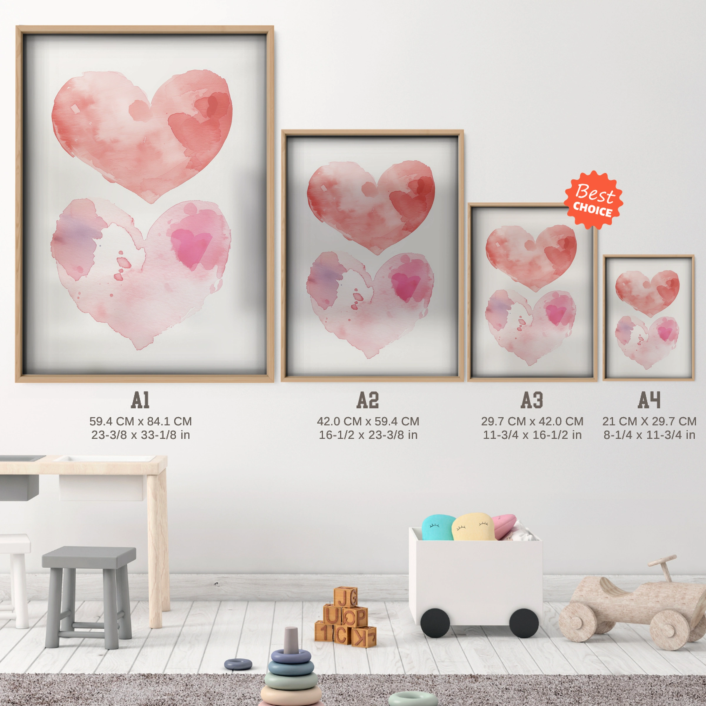 Watercolor Hearts Nursery Print - size guide A4 A3 A2 A1 nursery print