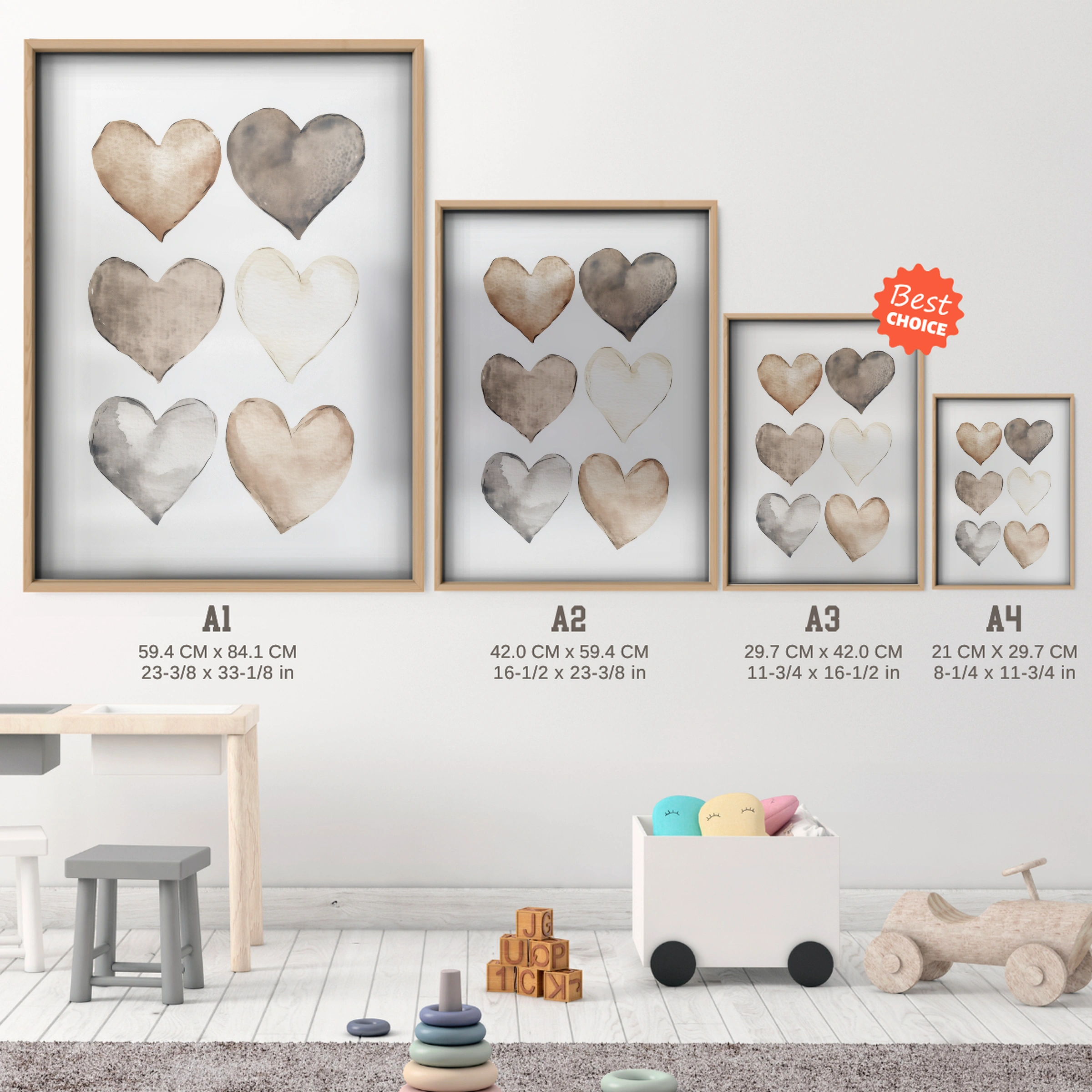 Watercolor Hearts Two Nursery Print - size guide A4 A3 A2 A1 nursery print