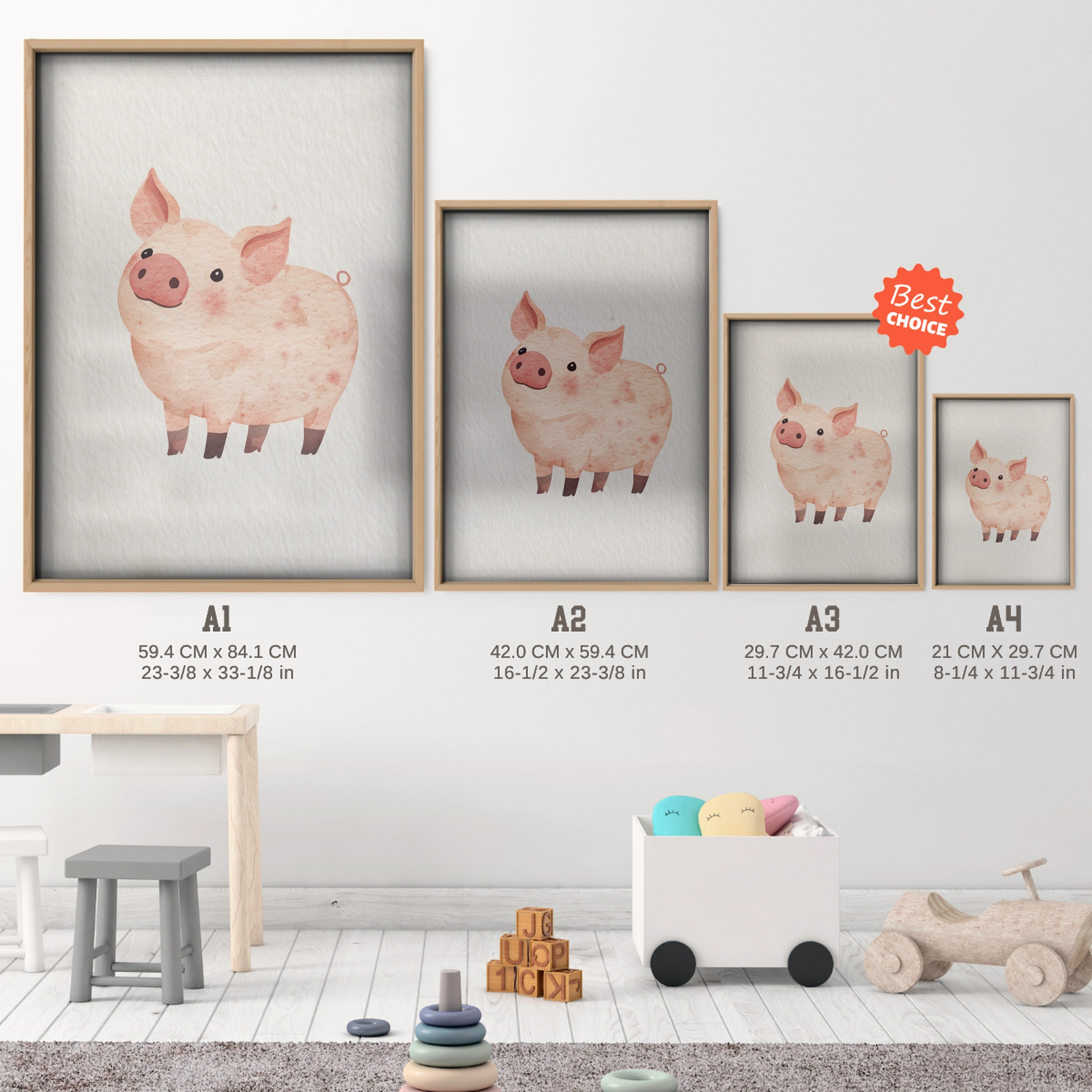 Watercolor Pig Nursery Print - size guide A4 A3 A2 A1 nursery print
