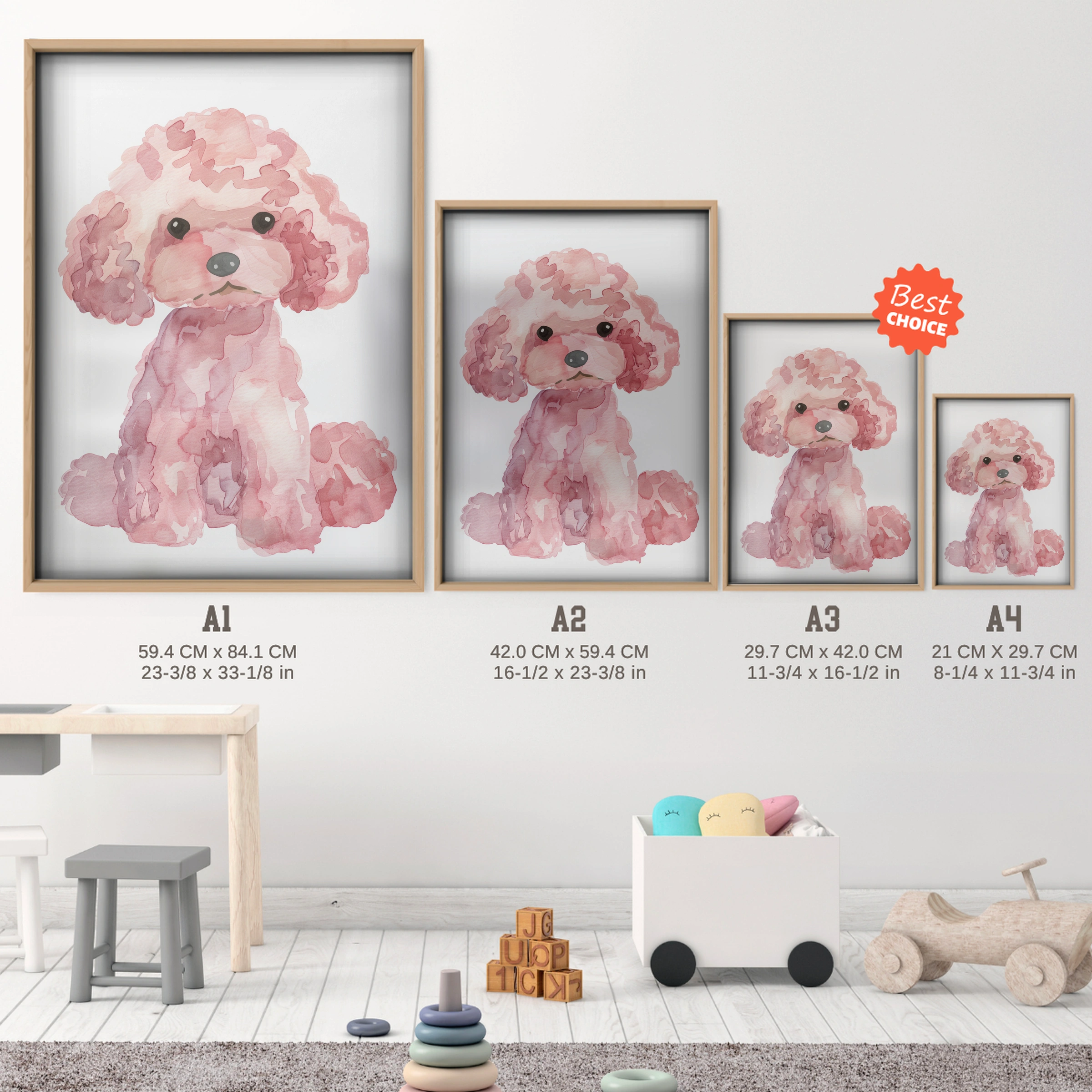 Watercolor Pink Poodle Nursery Print - size guide A4 A3 A2 A1 nursery print