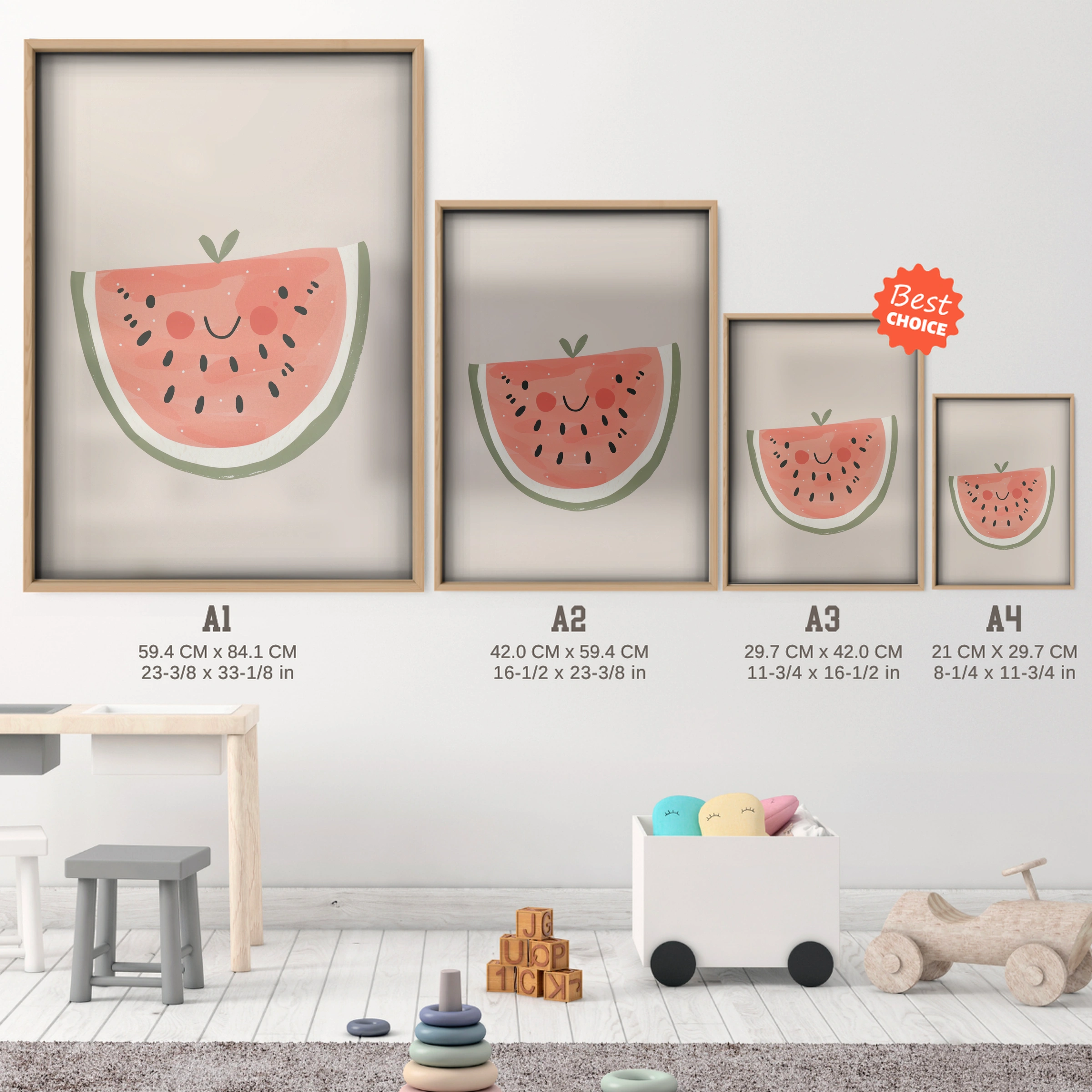 Watermelon Slice Nursery Print - size guide A4 A3 A2 A1 nursery print
