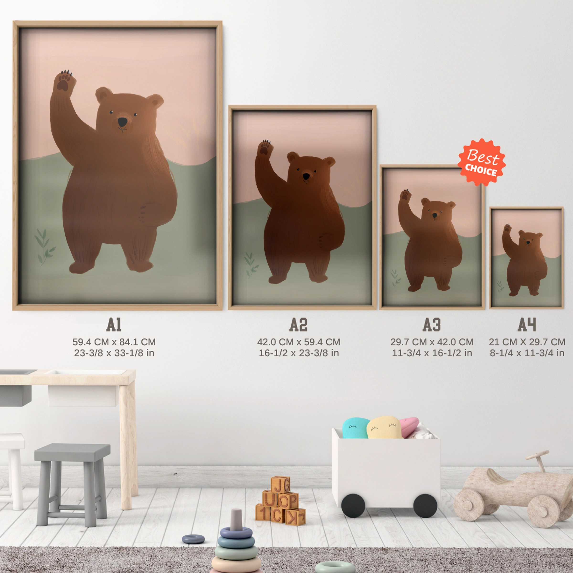 Waving Bear Nursery Print - size guide A4 A3 A2 A1 nursery print