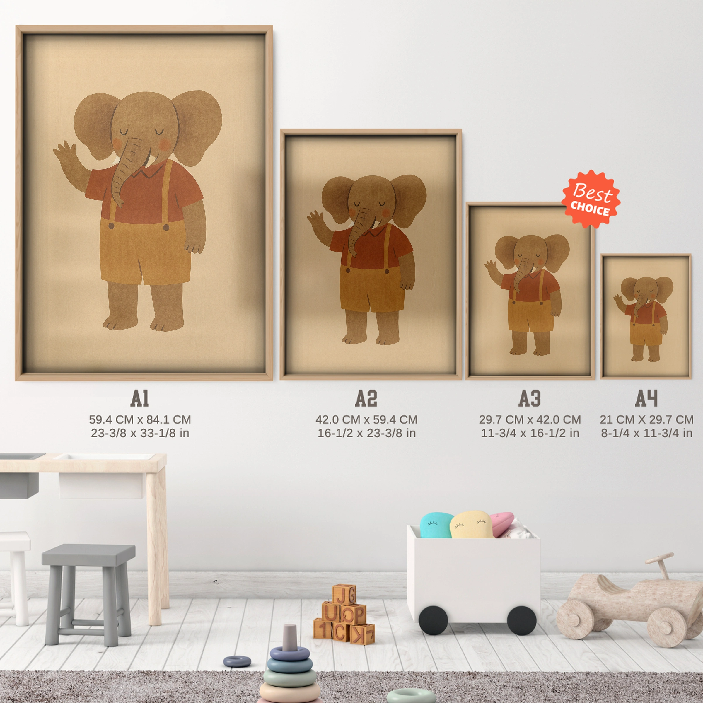 Waving Elephant Nursery Print - size guide A4 A3 A2 A1 nursery print