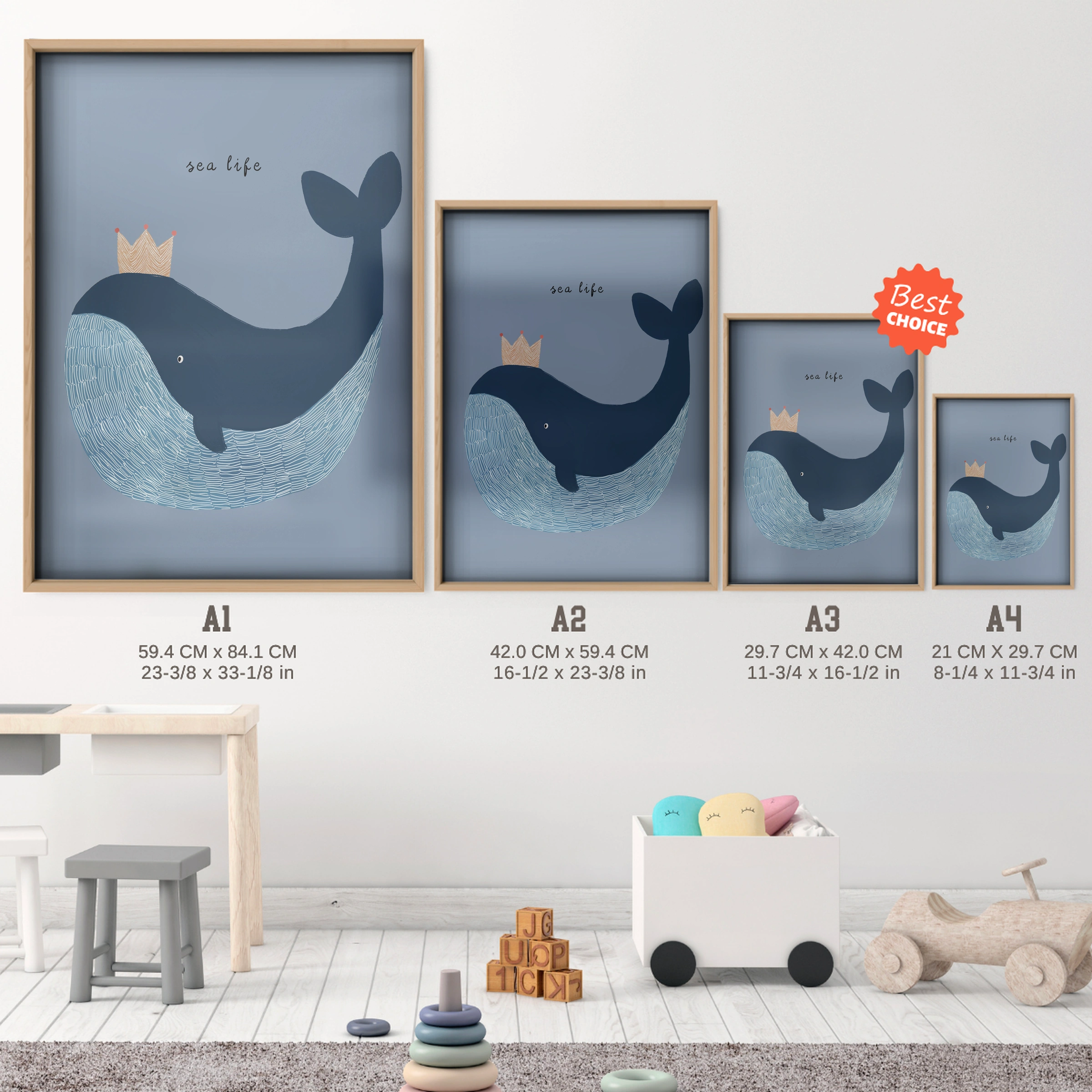 We Love You Whale Nursery Print - size guide A4 A3 A2 A1 nursery print