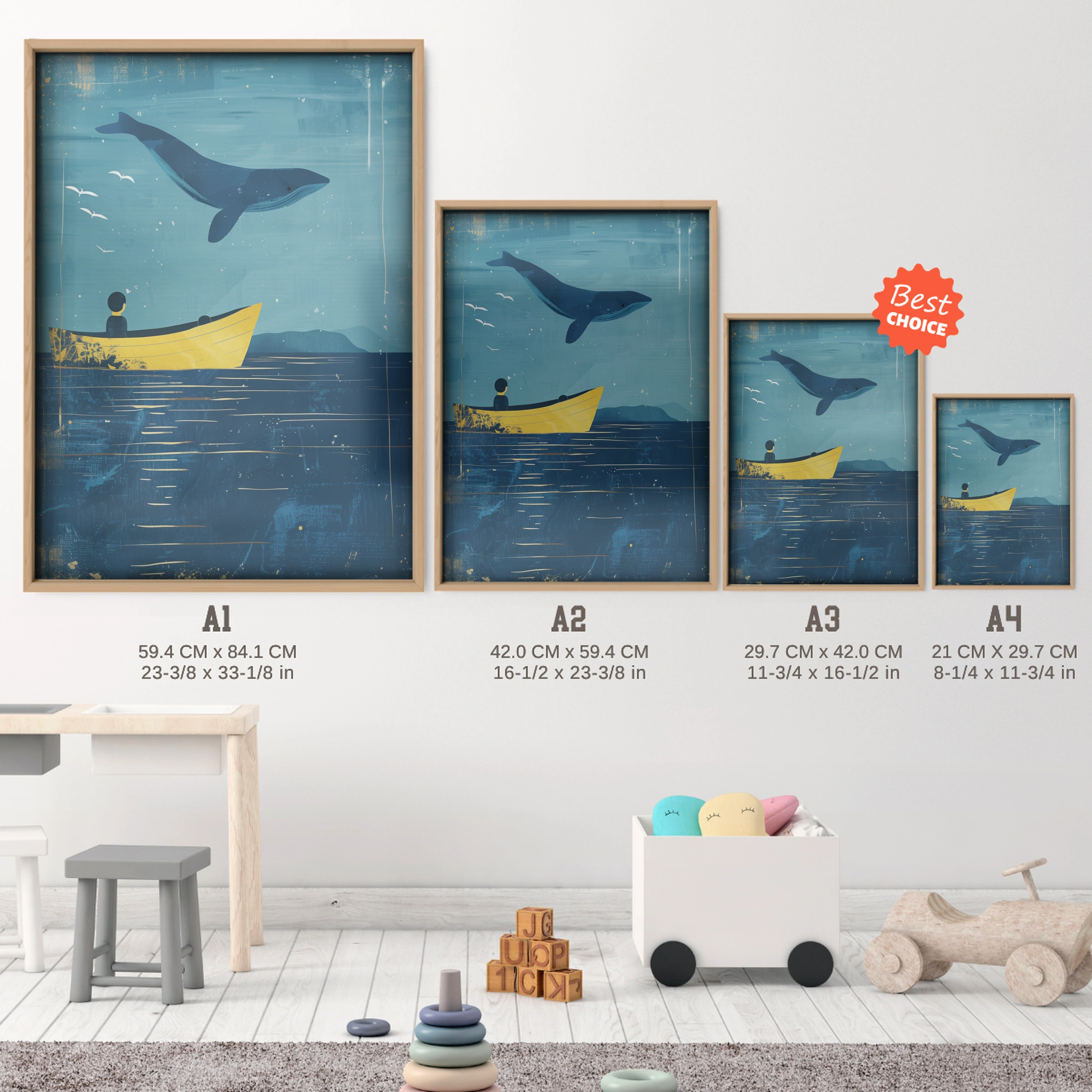 Whale and Boat Nursery Print - size guide A4 A3 A2 A1 nursery print
