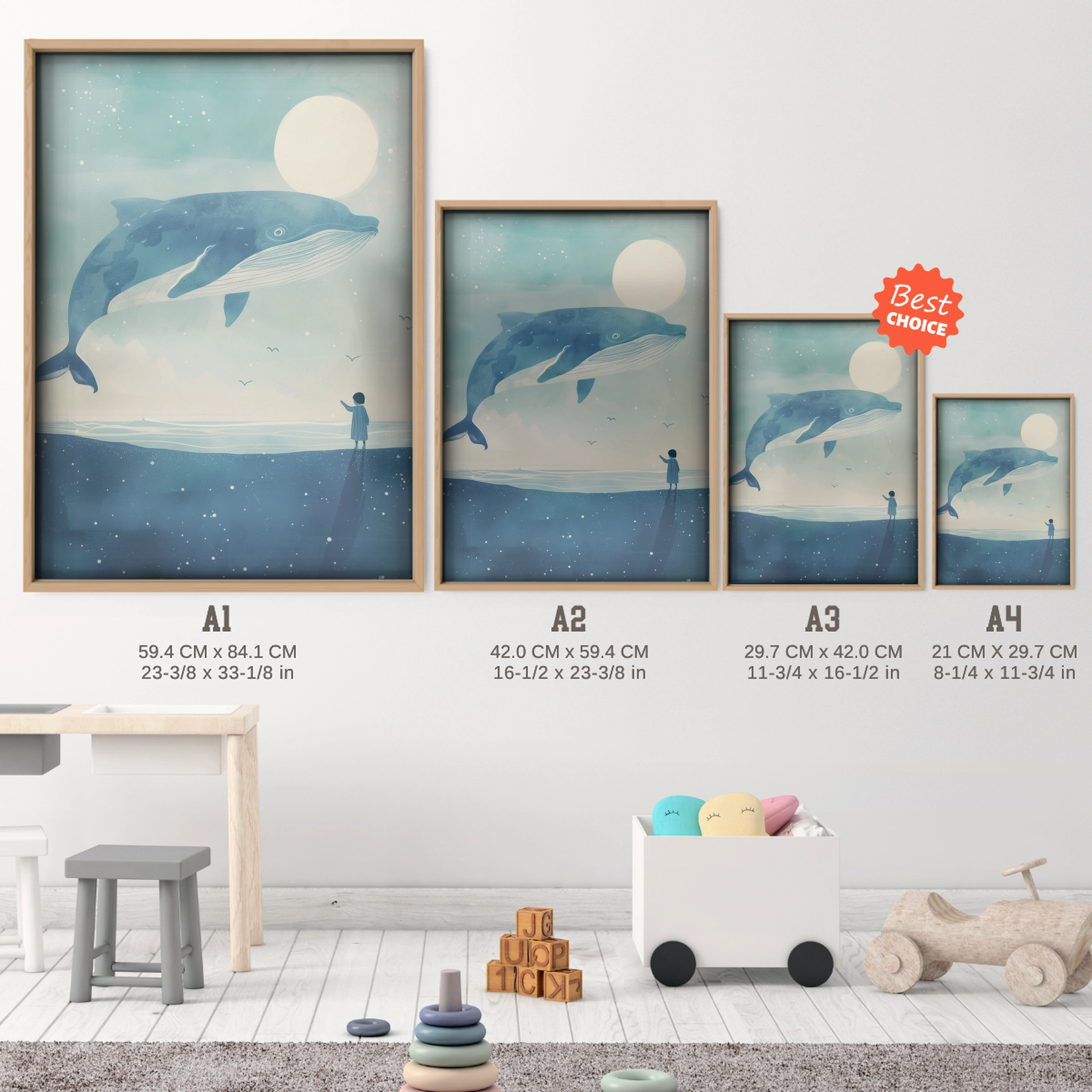 Whale at Dusk Nursery Print - size guide A4 A3 A2 A1 nursery print