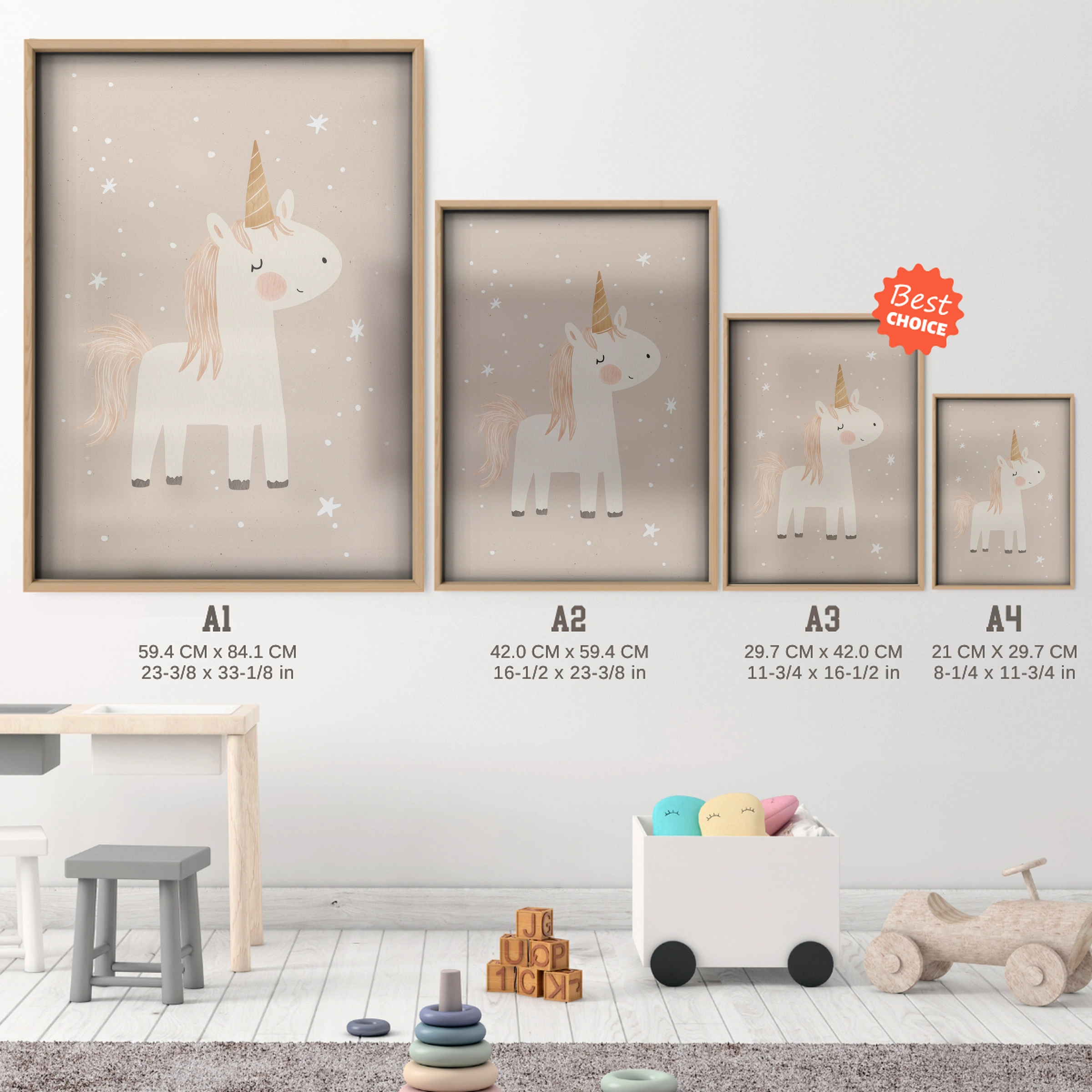 Whimsical Unicorn Nursery Print - size guide A4 A3 A2 A1 nursery print