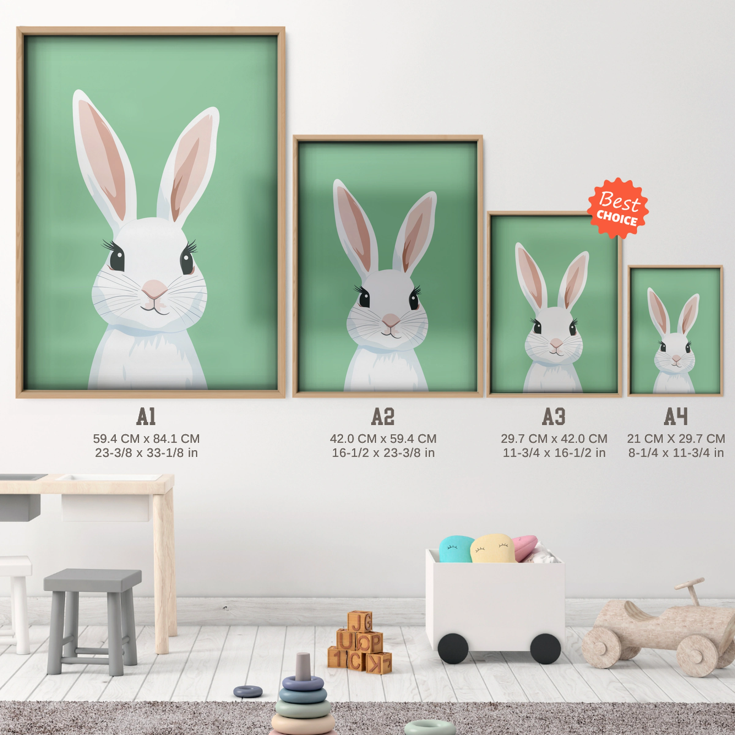 White Bunny Nursery Print - size guide A4 A3 A2 A1 nursery print