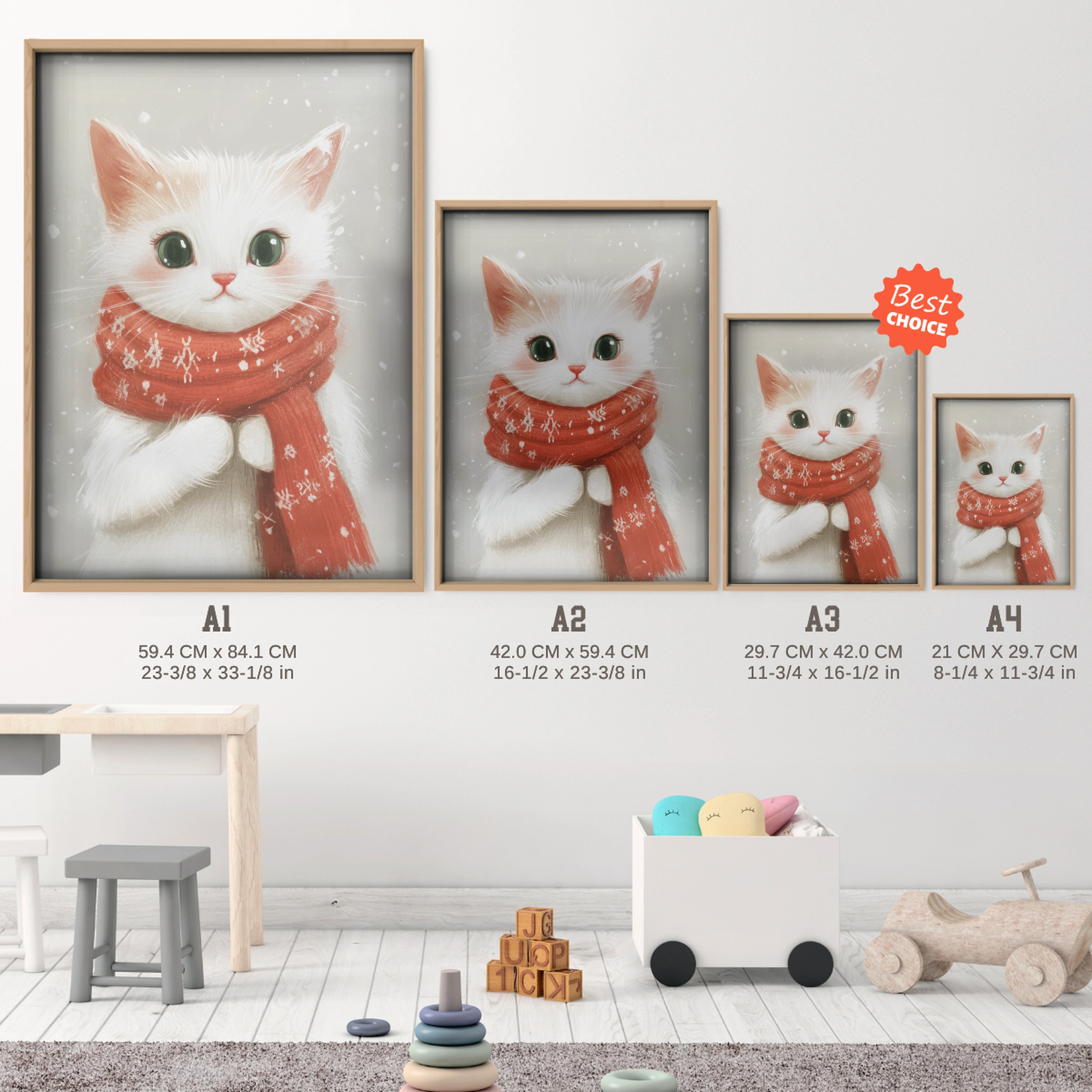 White Cat in a Scarf Christmas Print - size guide A4 A3 A2 A1 nursery print
