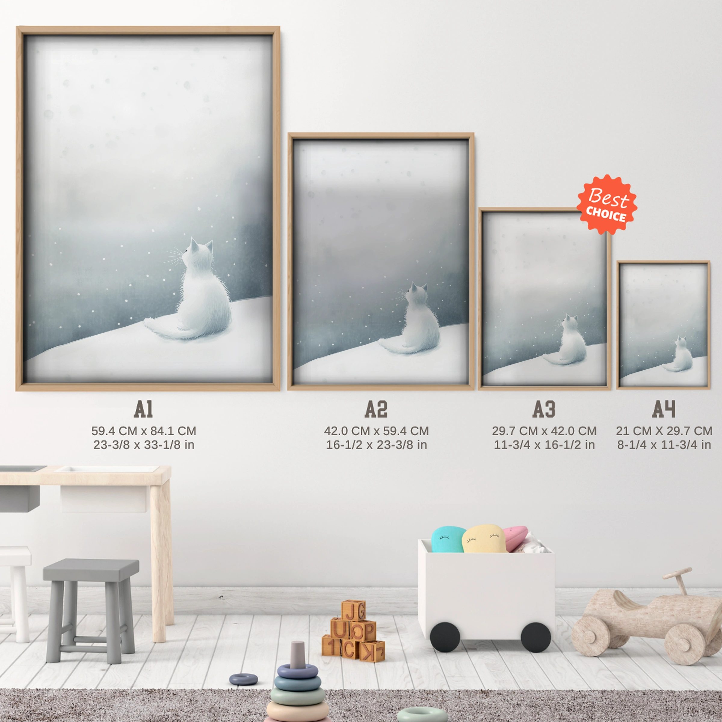 White Cat in the Snow Christmas Print - size guide A4 A3 A2 A1 nursery print