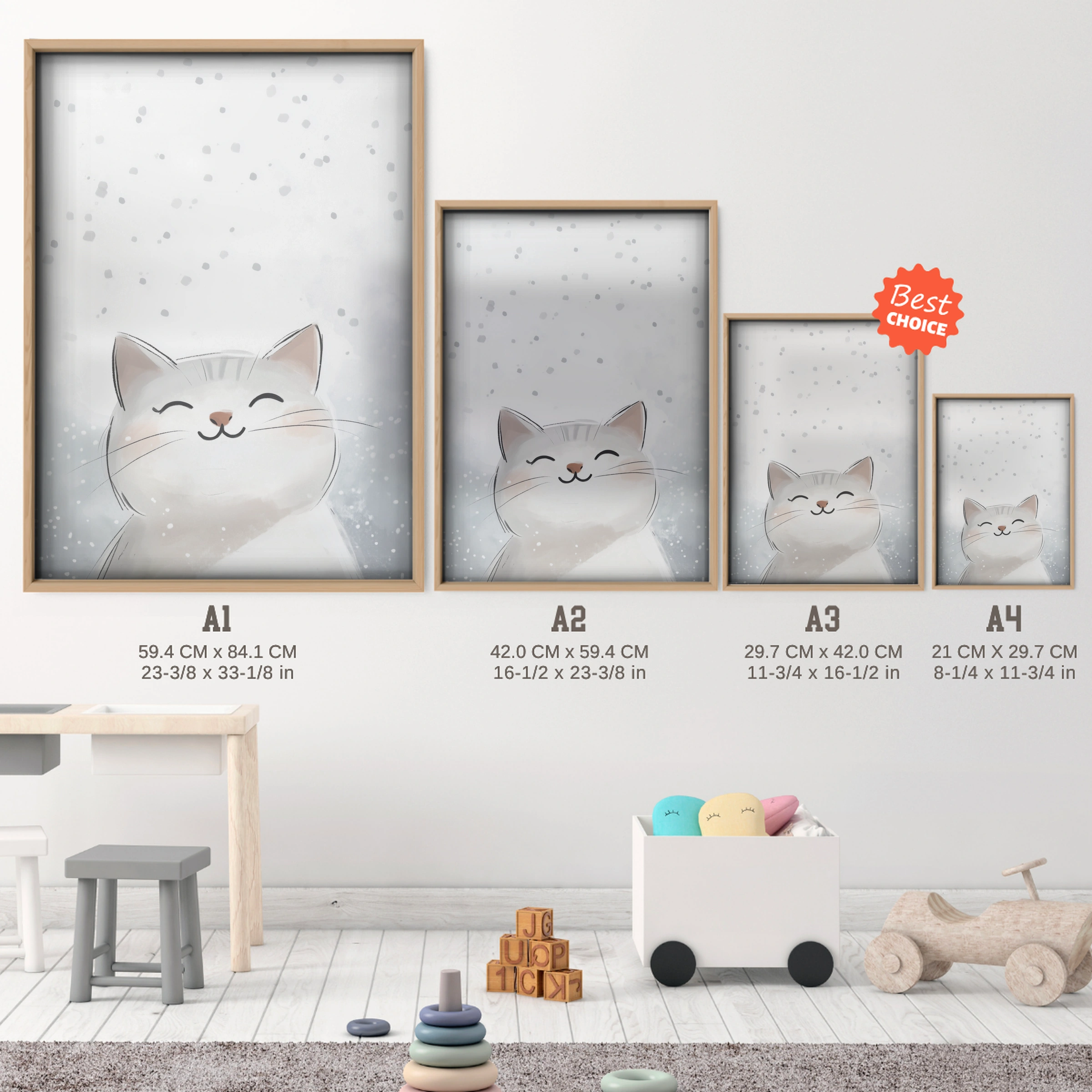 White Cat in the Snow Two Christmas Print - size guide A4 A3 A2 A1 nursery print