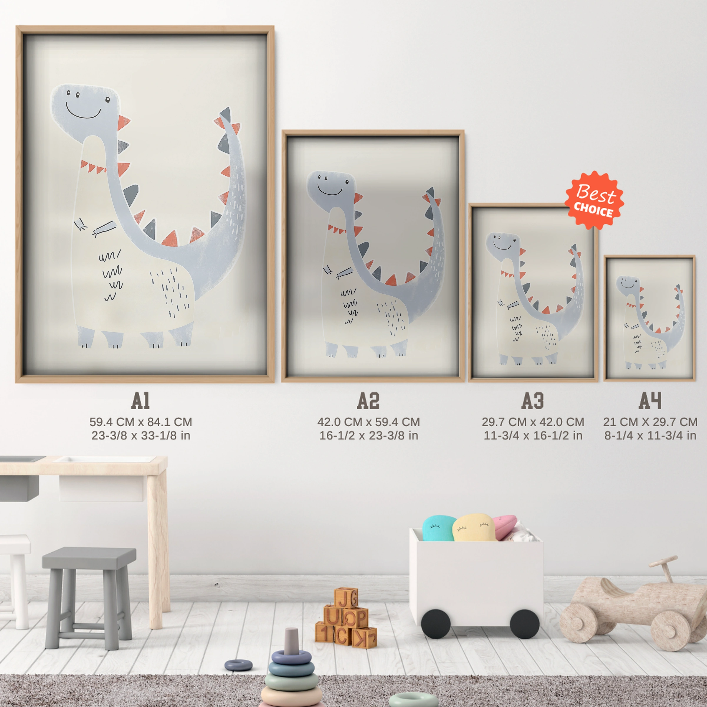 White Dinosaur Nursery Print - size guide A4 A3 A2 A1 nursery print