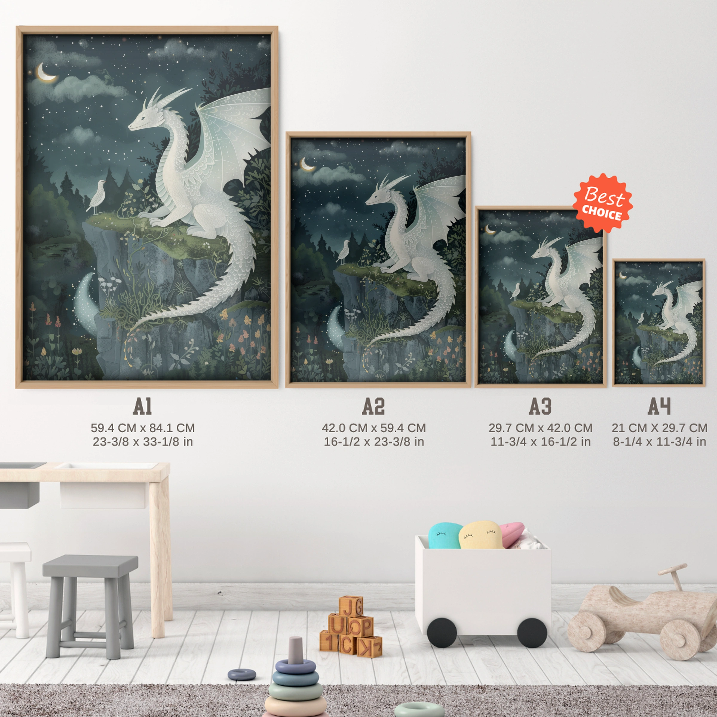 White Dragon Nursery Print - size guide A4 A3 A2 A1 nursery print