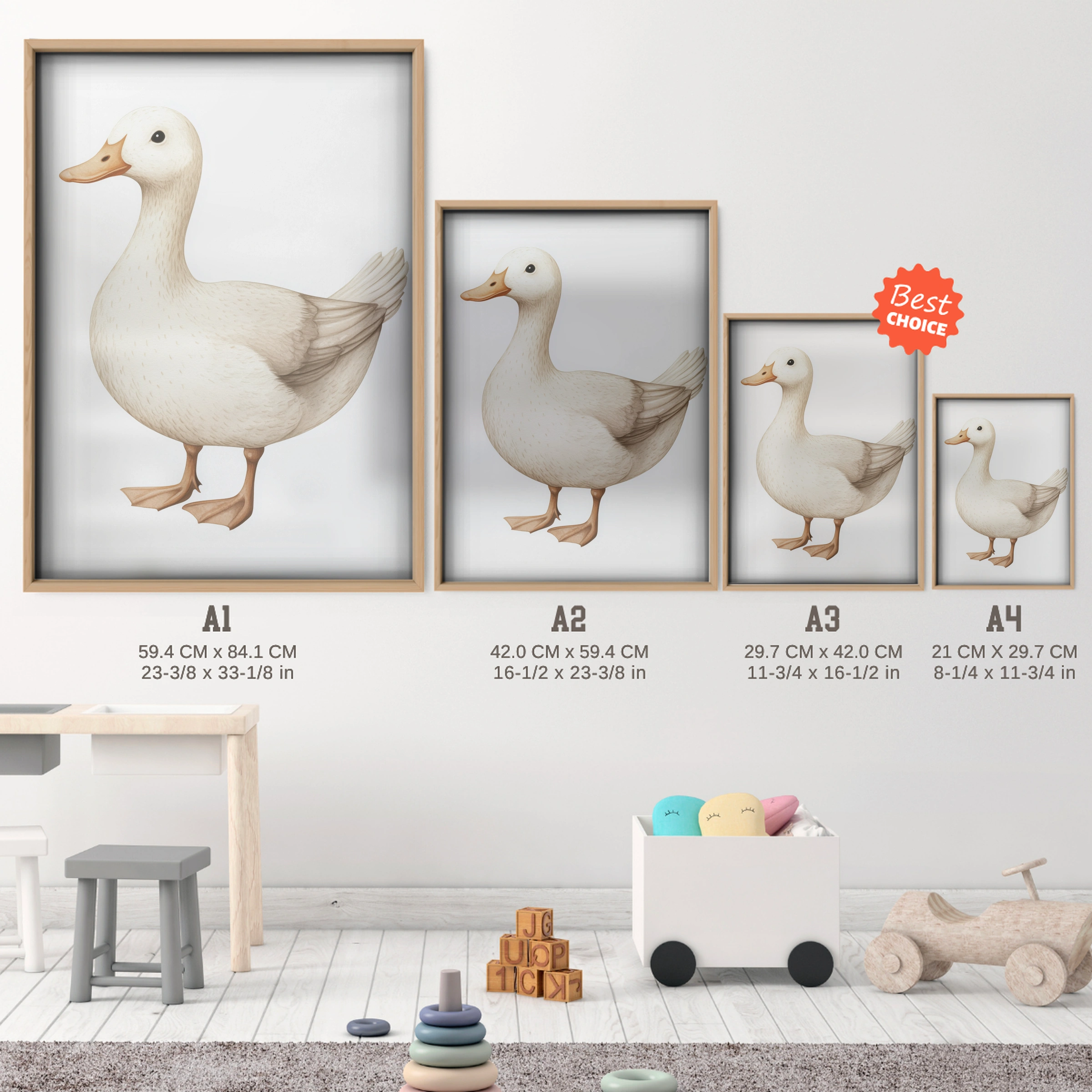 White Duck Nursery Print - size guide A4 A3 A2 A1 nursery print