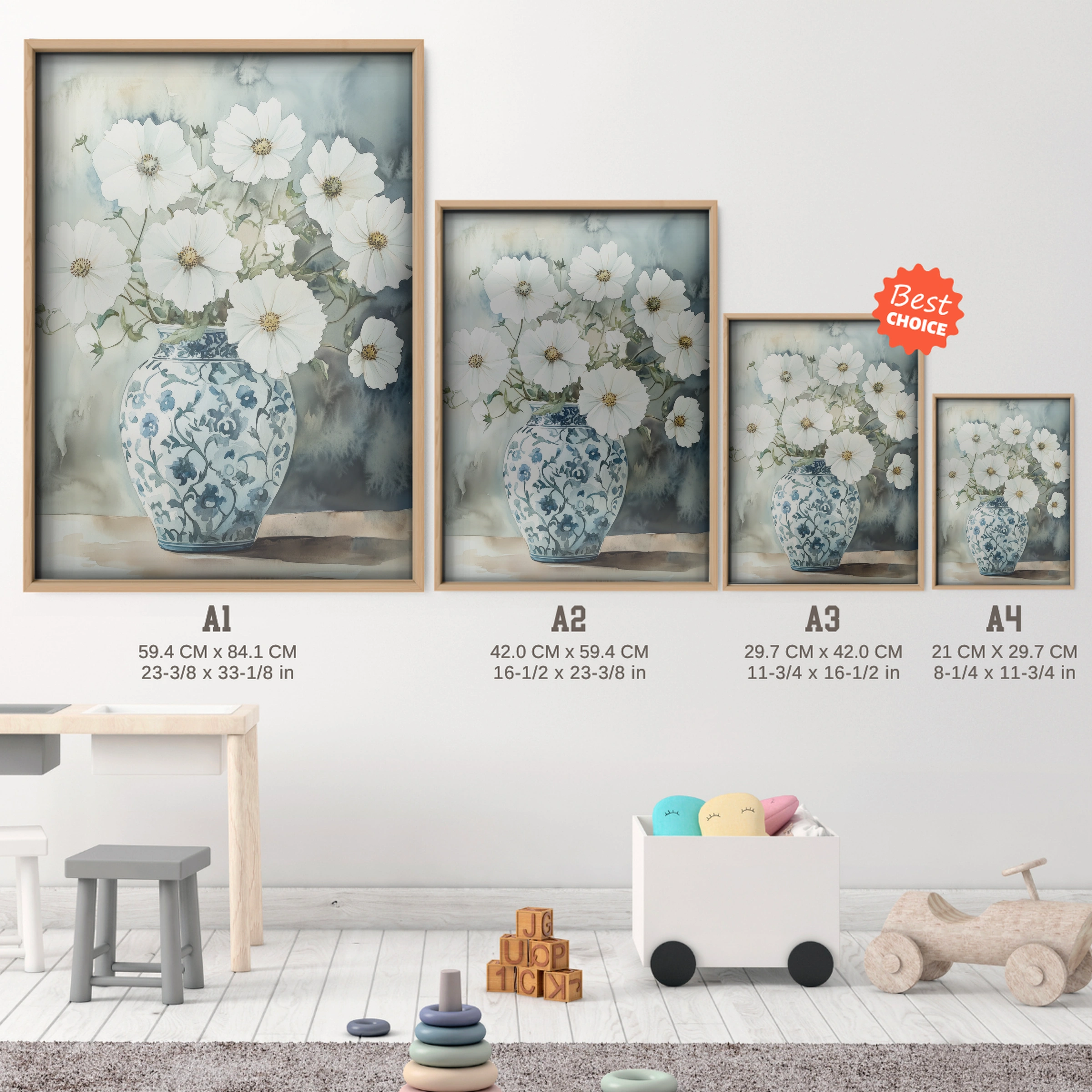 White Flowers in a Vase Nursery Print - size guide A4 A3 A2 A1 nursery print