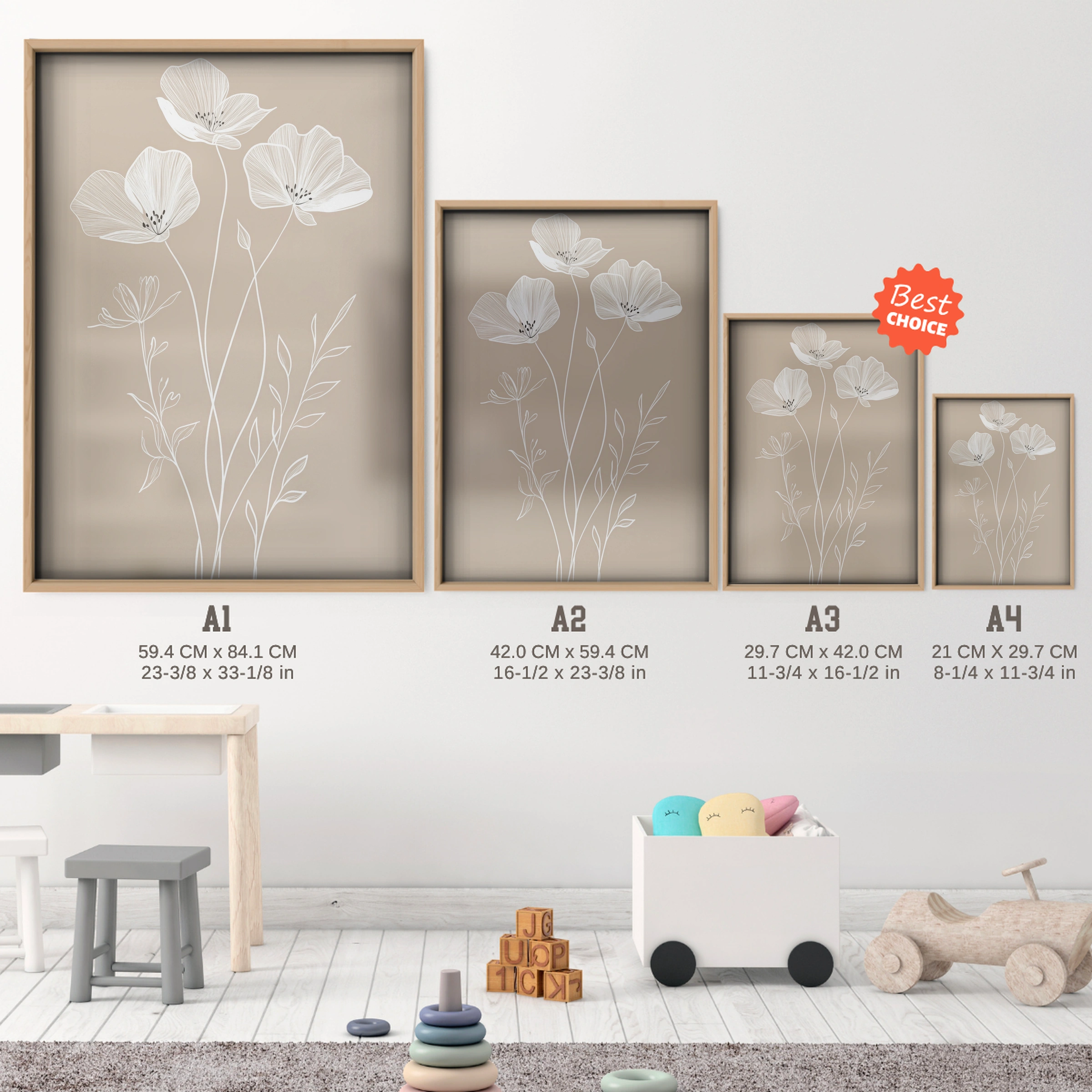 White Flowers Nursery Print - size guide A4 A3 A2 A1 nursery print