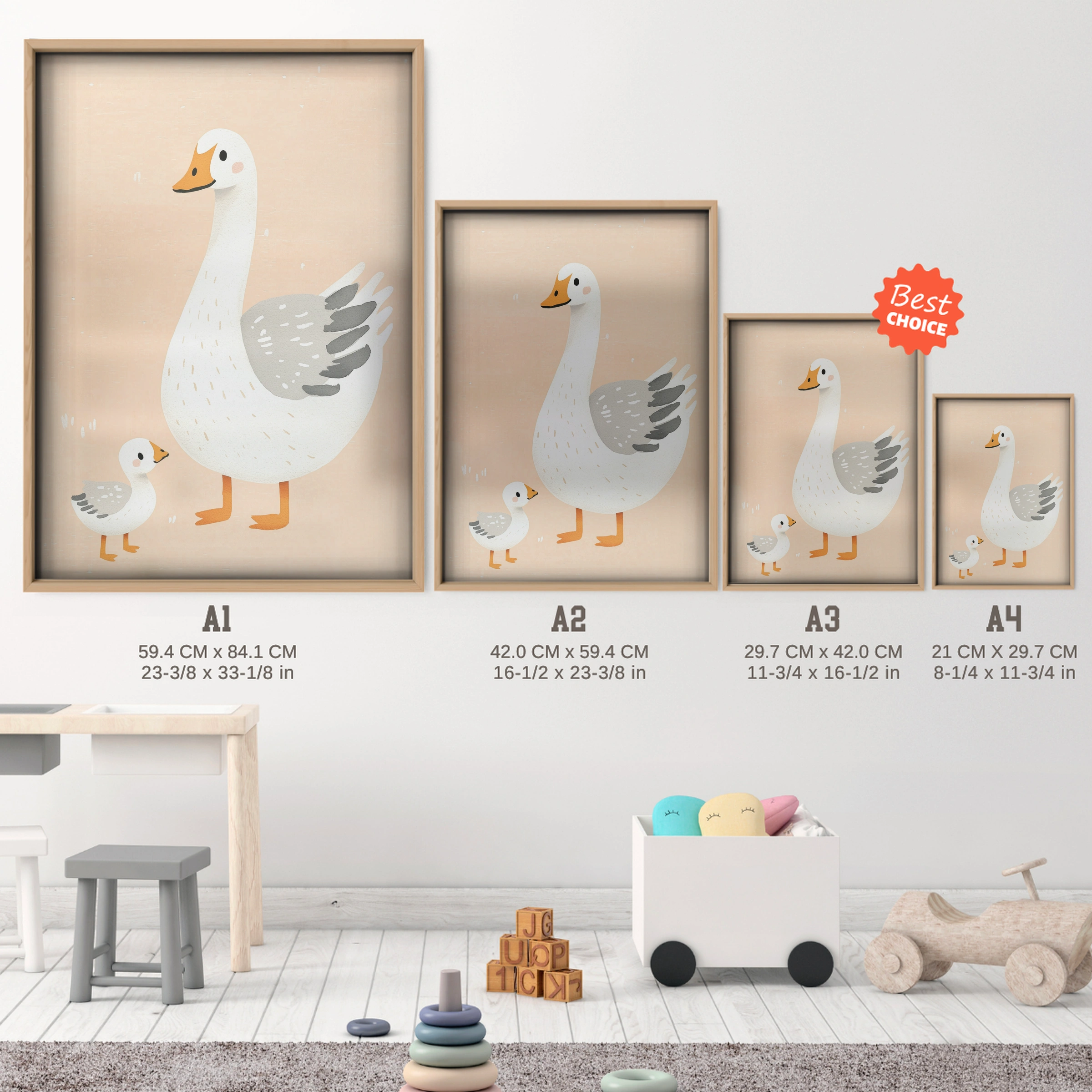 White Goose Nursery Print - size guide A4 A3 A2 A1 nursery print