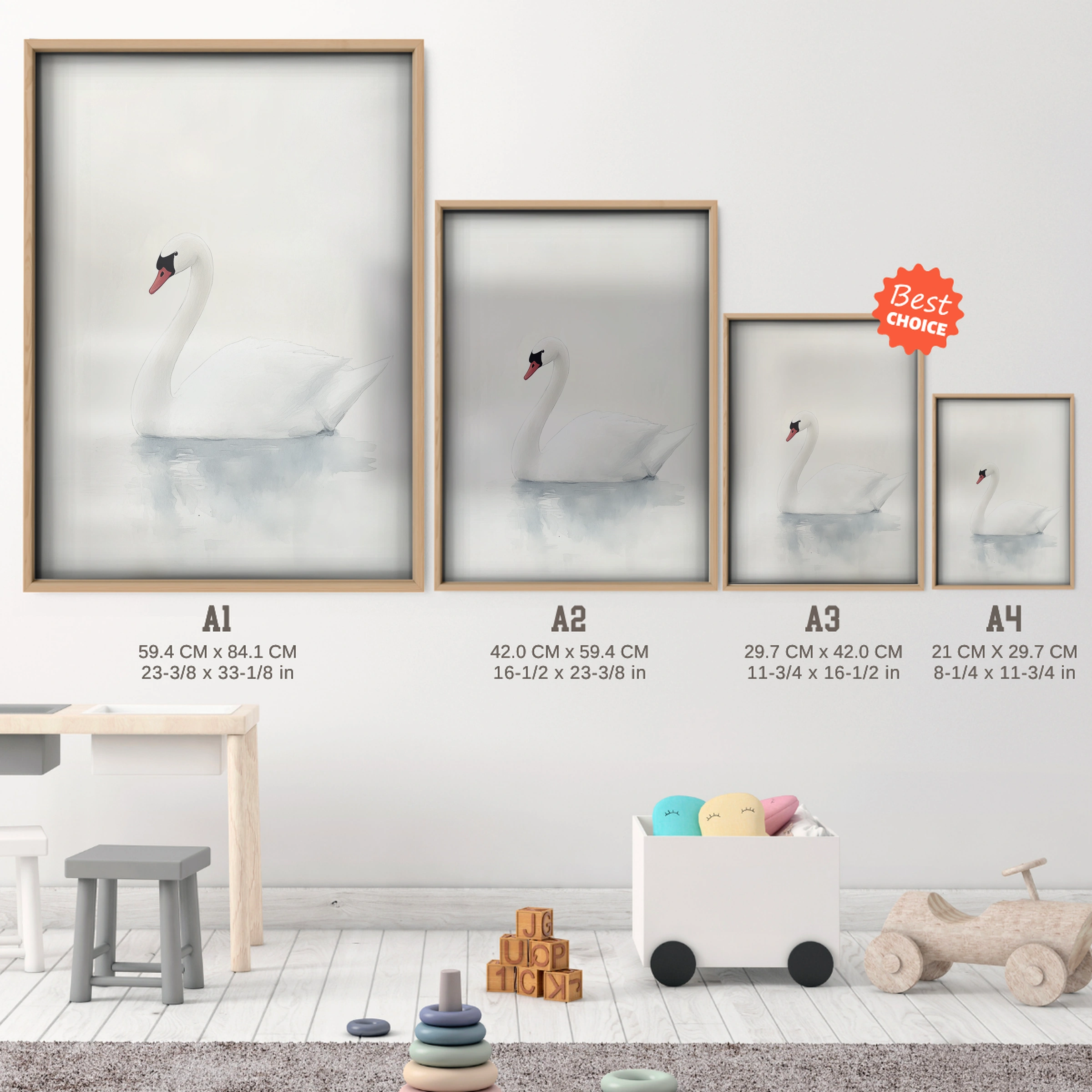 White Swan Nursery Print - size guide A4 A3 A2 A1 nursery print