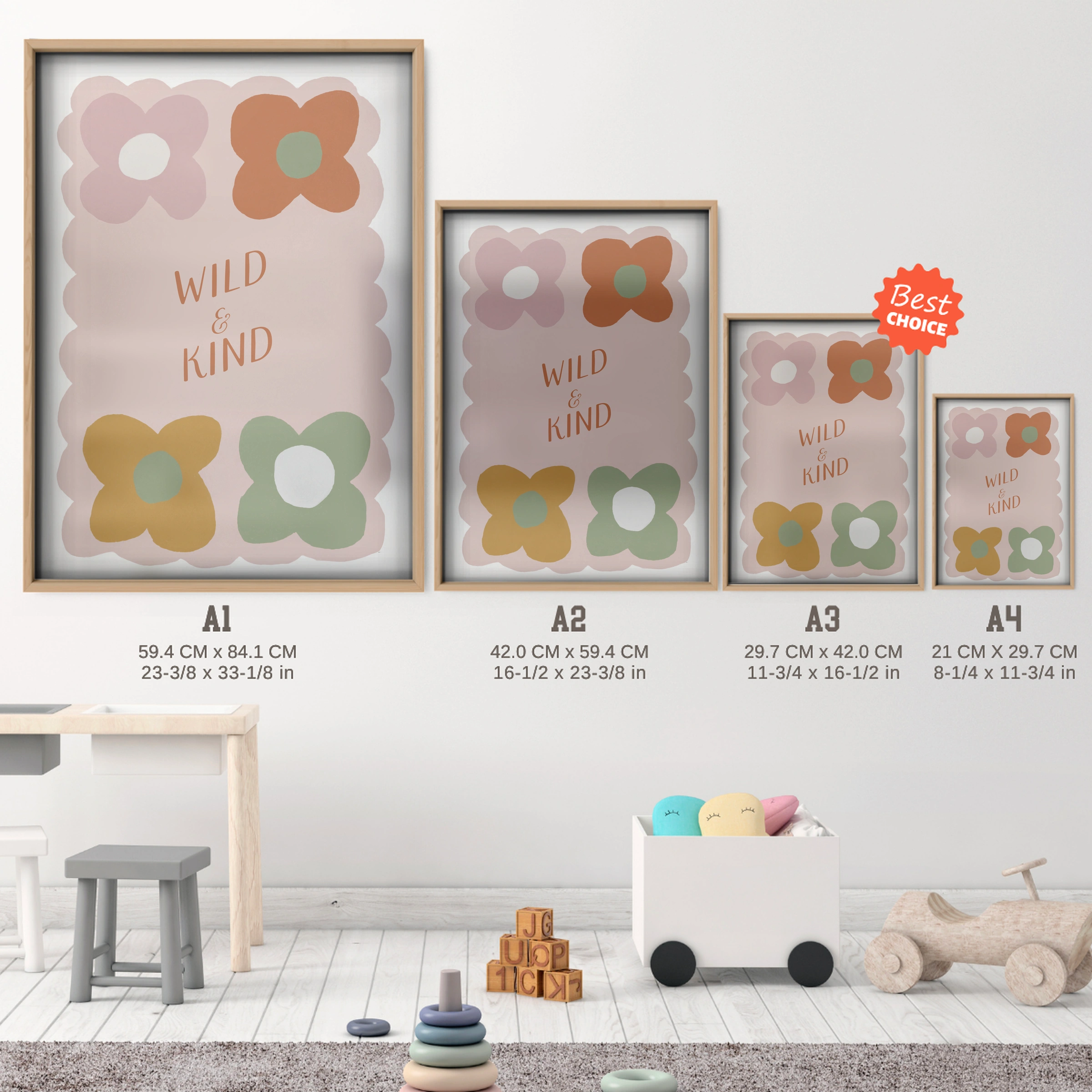 Wild and Kind Nursery Print - size guide A4 A3 A2 A1 nursery print