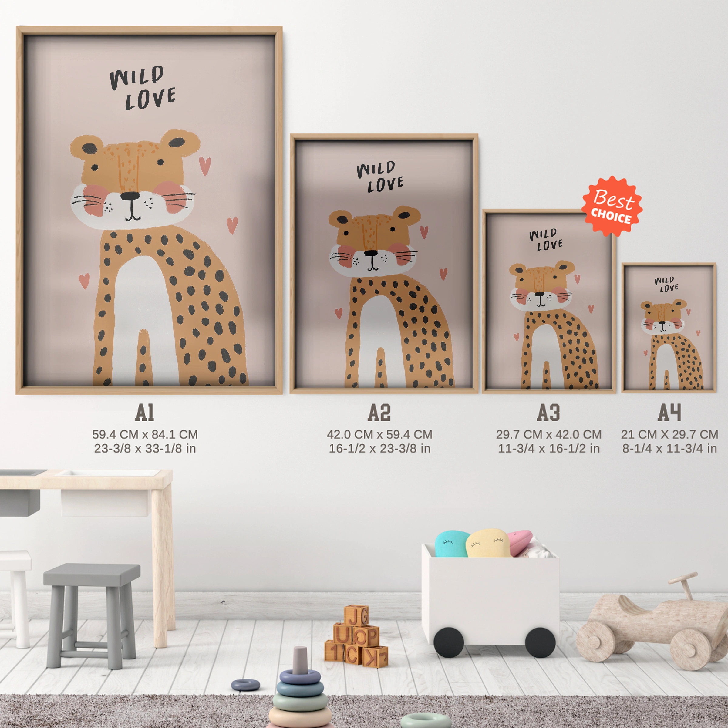 Wild Love Cheetah Nursery Print - size guide A4 A3 A2 A1 nursery print