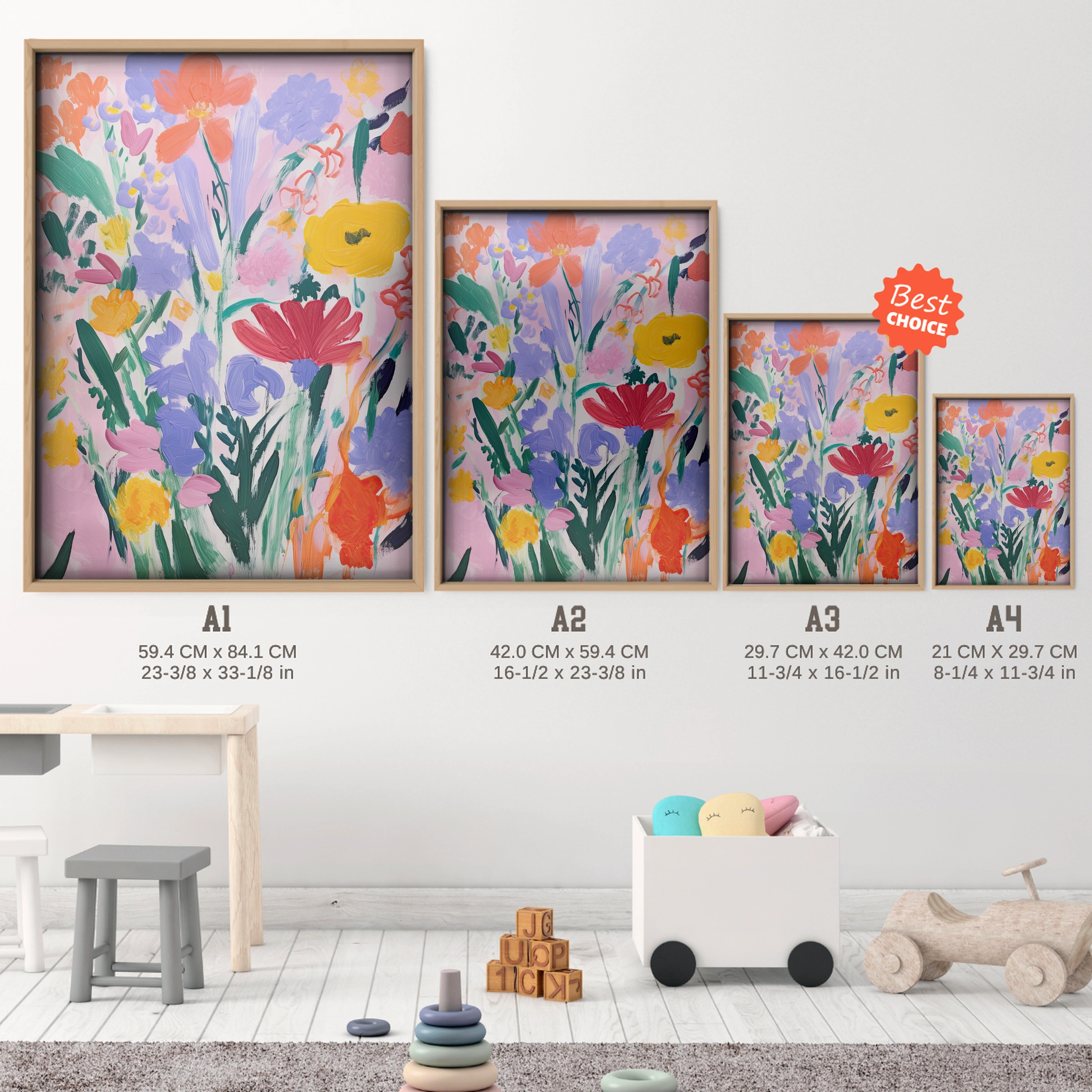 Wildflower Bouquet Nursery Print - size guide A4 A3 A2 A1 nursery print