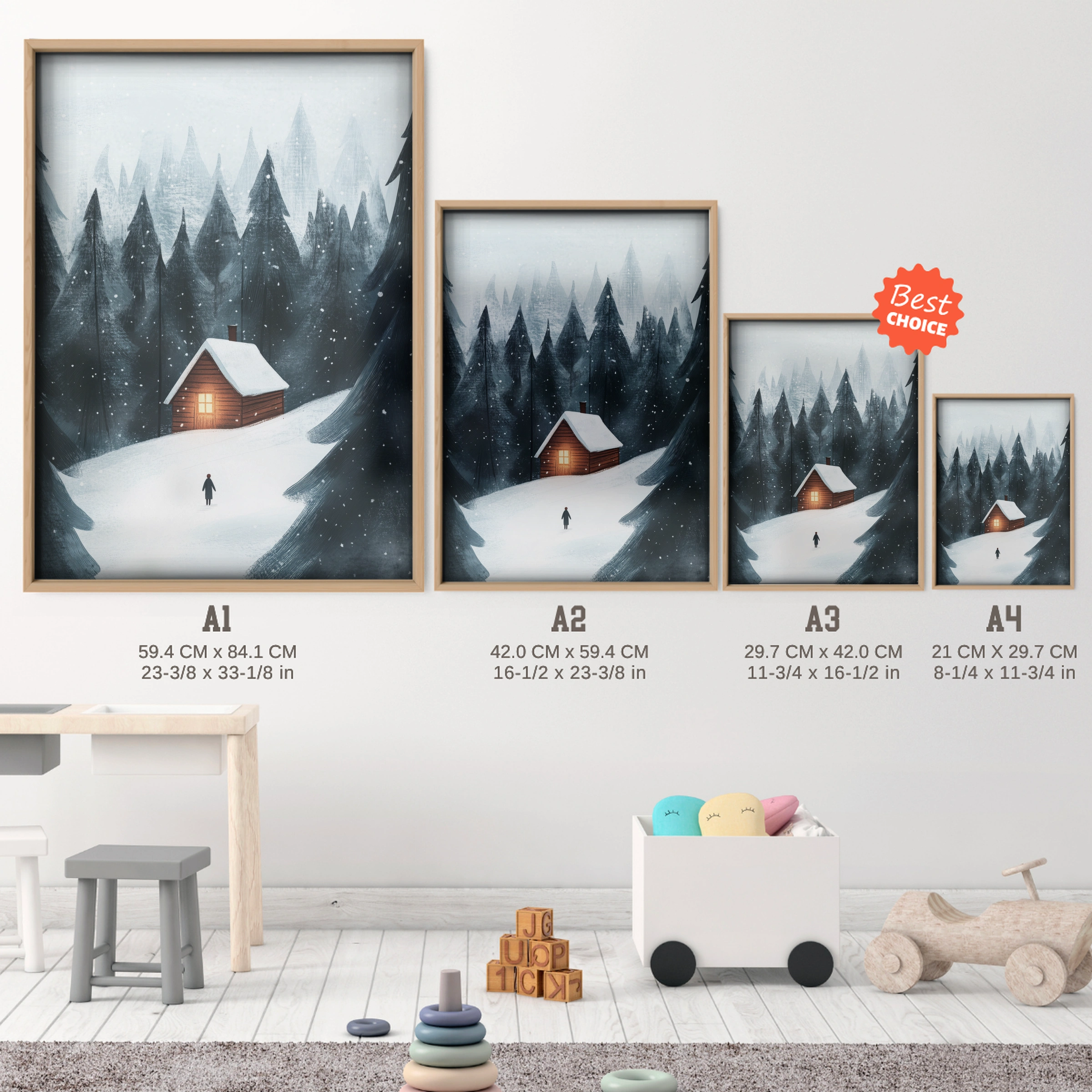 Winter Cabin Christmas Print - size guide A4 A3 A2 A1 nursery print