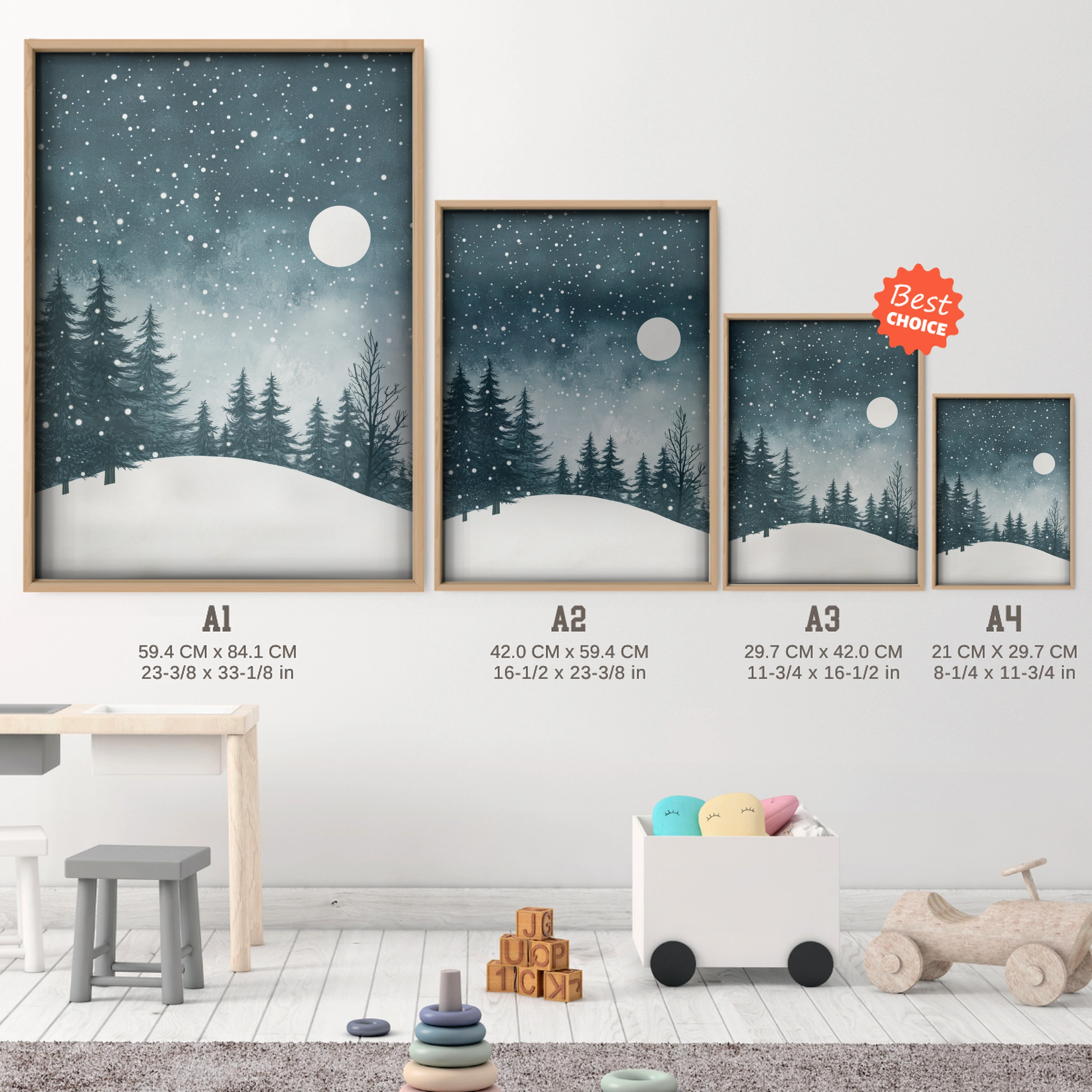 Winter Forest Moon Christmas Print - size guide A4 A3 A2 A1 nursery print